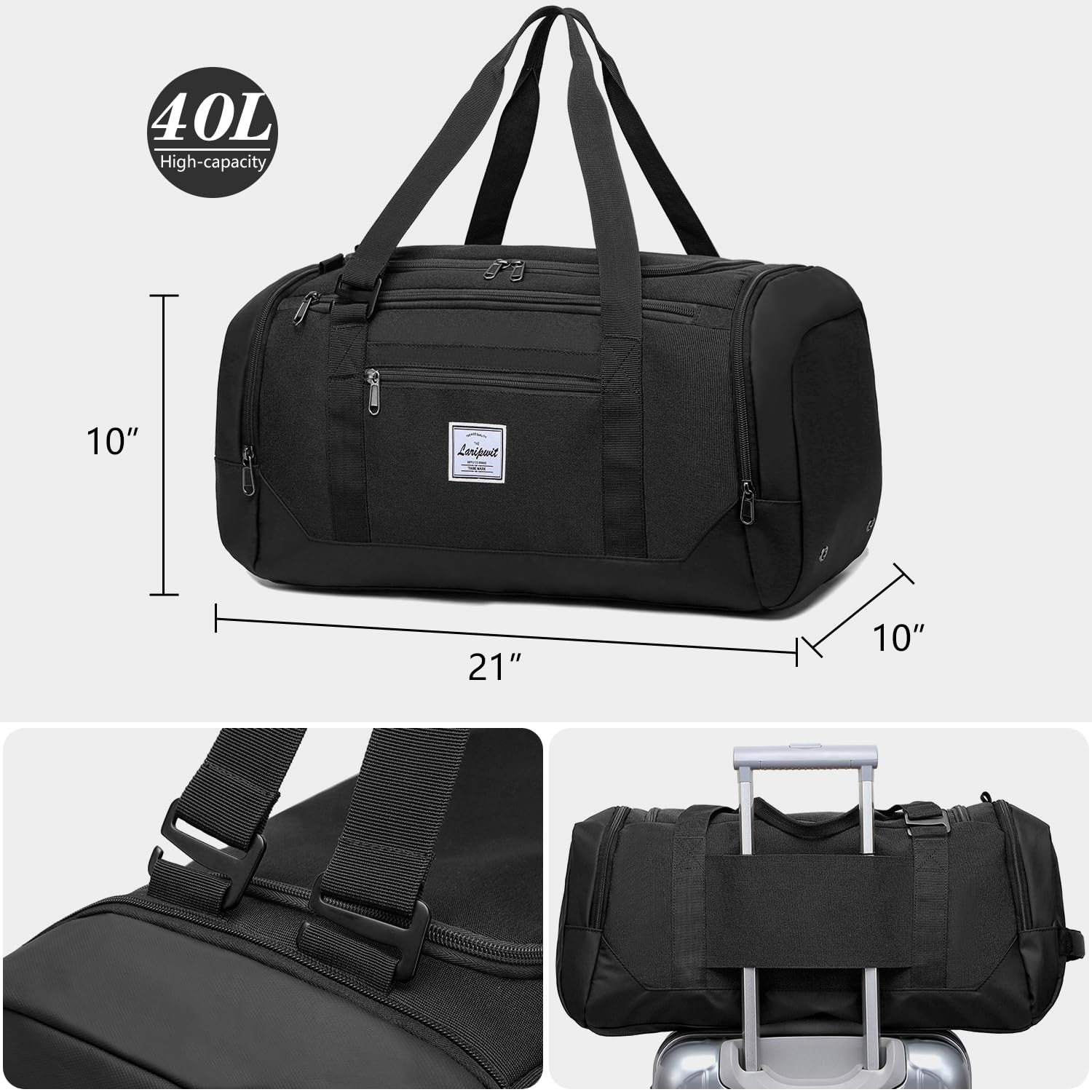 Laripwit Borse da palestra da uomo 40L borsone da viaggio con scomparto per scarpe e tasca bagnata borsone zaino per le donne, Nero , Zaino da palestra