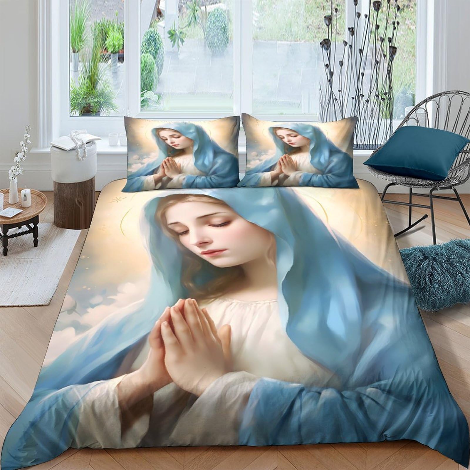 Ctjqhvkz Style-10 3D Printed Virgin Mary Fitted Sheet Microfiber Soft Blue Bed Cover For Bedroom Dorm Artistic Mattress Protection Single（135X200cm）