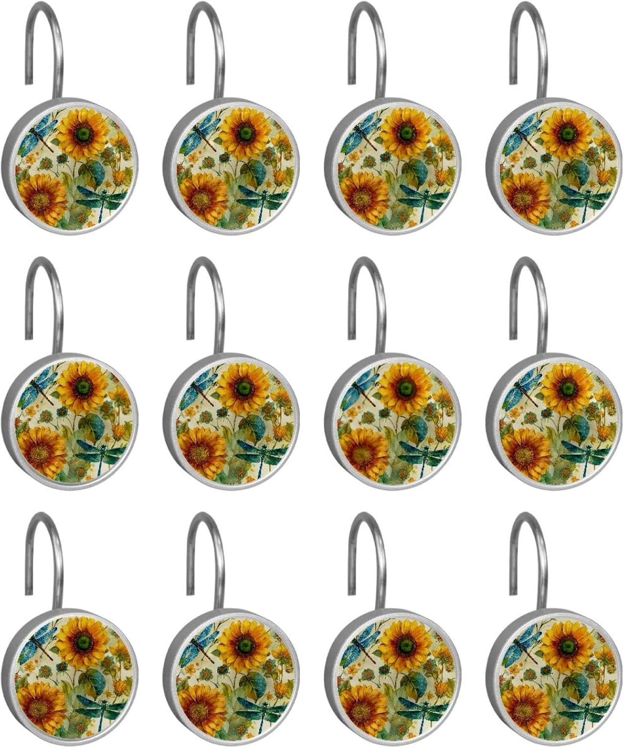 Sunflower Dragonfly Decorative Shower Curtain Hooks Rings,Set of 12pcs Shower Curtain Hooks,Rustproof Decorative Shower Rings for Bathroom
