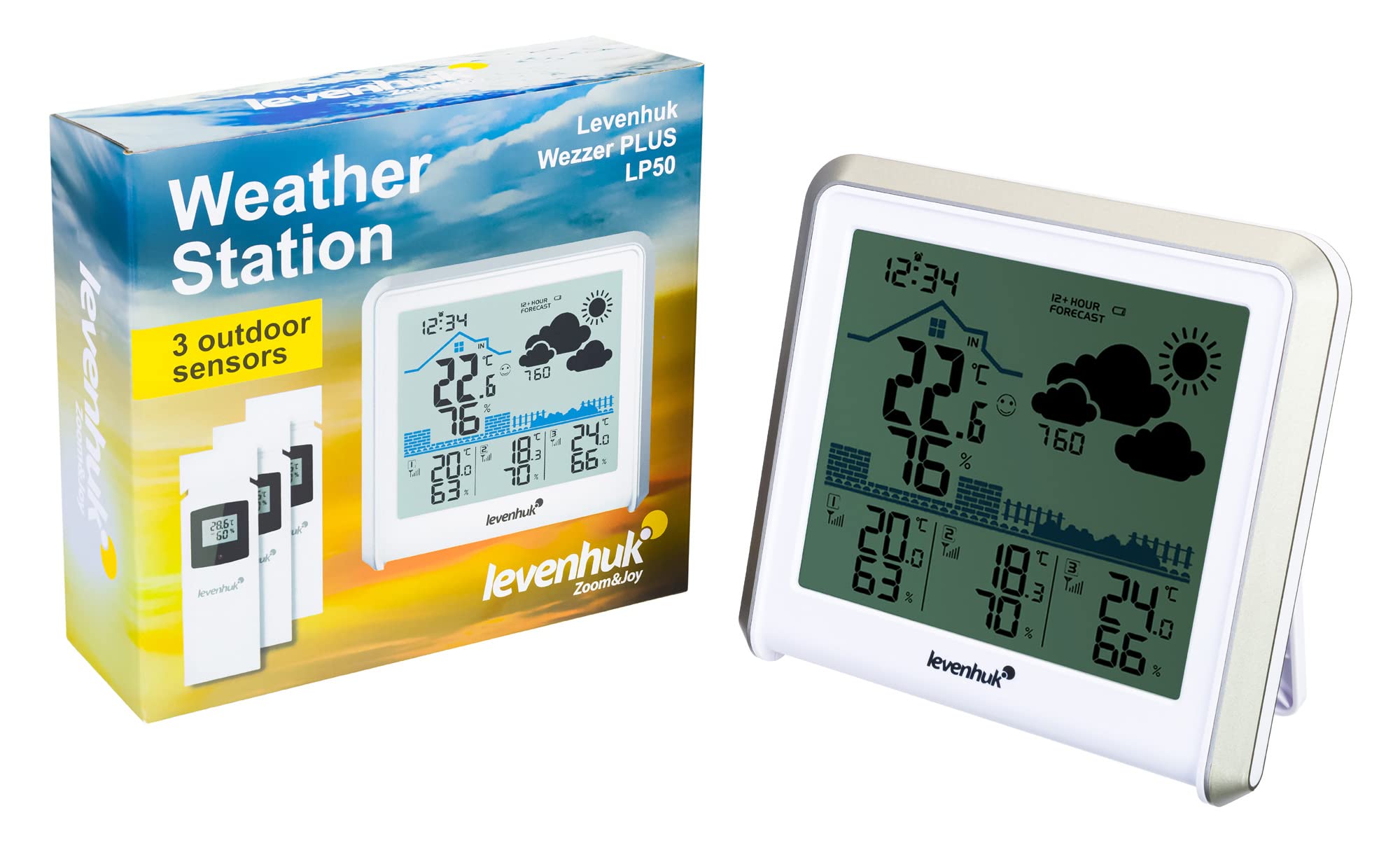 Stazione Meteo Digitale e Wireless Levenhuk Wezzer PLUS LP50 con 3 Sensori Remoti, Termometro, Igrometro, Barometro, Sveglia e Calendario