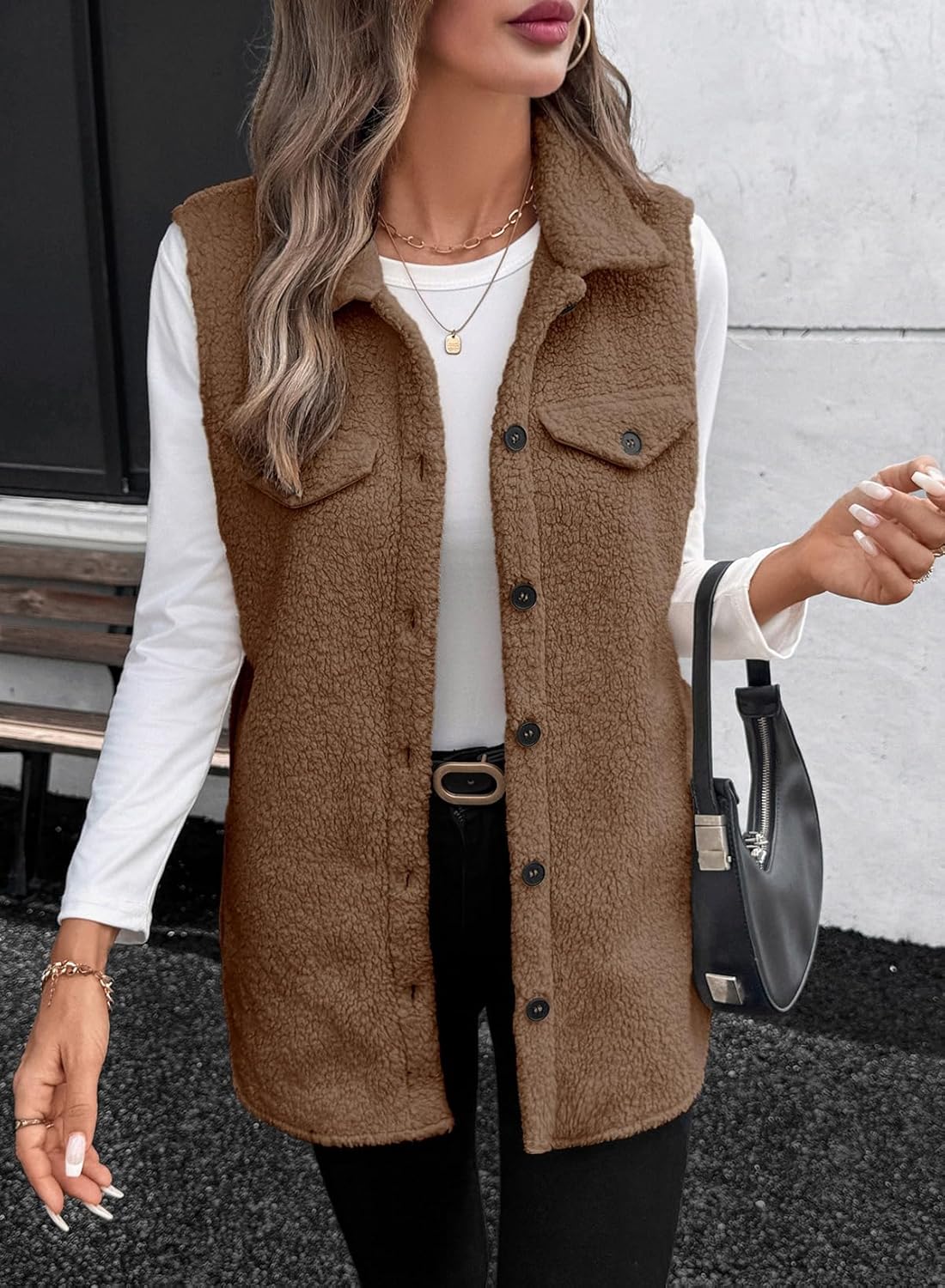 EVALESS Womens Warm Sherpa Fleece Sleeveless Button Down Long Vest Sherpa Jackets Coat Outerwear - Image 2
