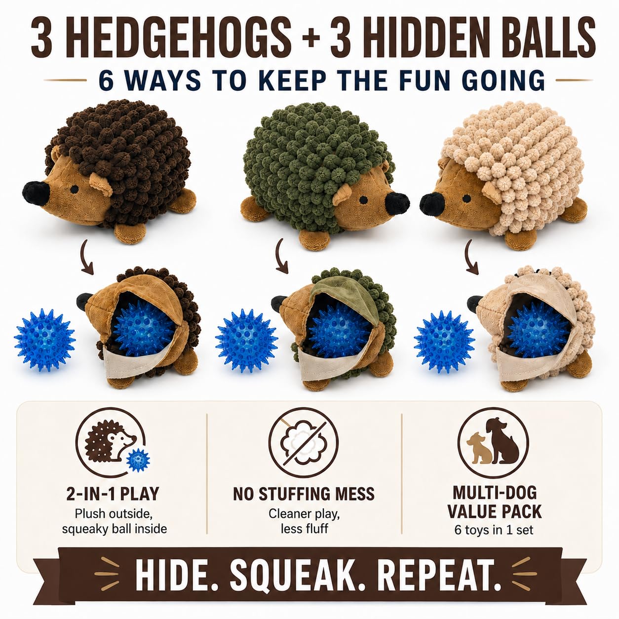 Plüsch-Igel-Hundespielzeug, 3 Stück, quietschender Igel für kleine und mittelgroße Hunde – halten Sie Ihren Welpen mit mehrfarbigen Farben, geeignet für drinnen und draußen