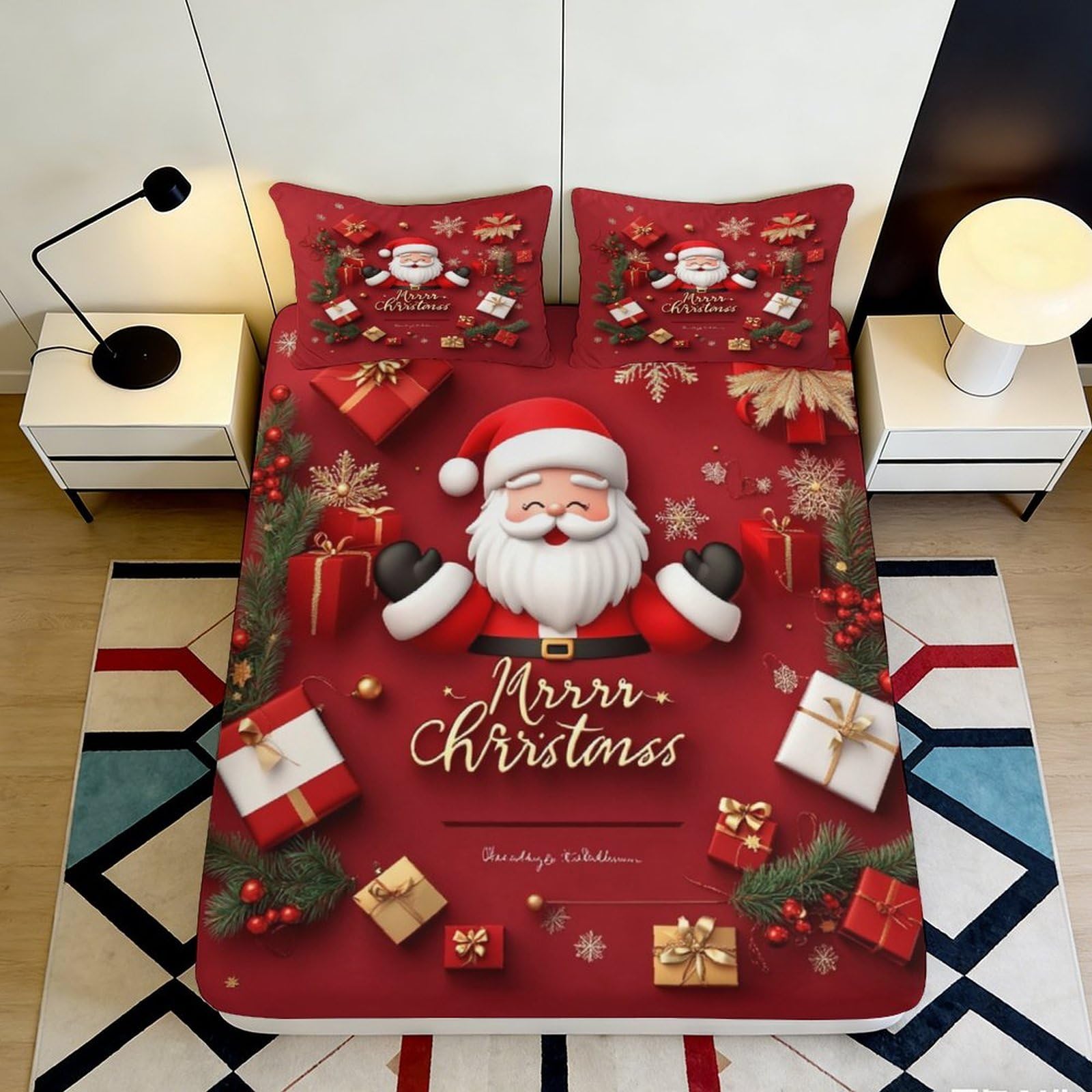 3D Printed Santa Claus Christmas Fitted Sheet Microfiber Red Festive Gifts Bed Cover for Bedroom Guest Room Decor 90x200x25cm