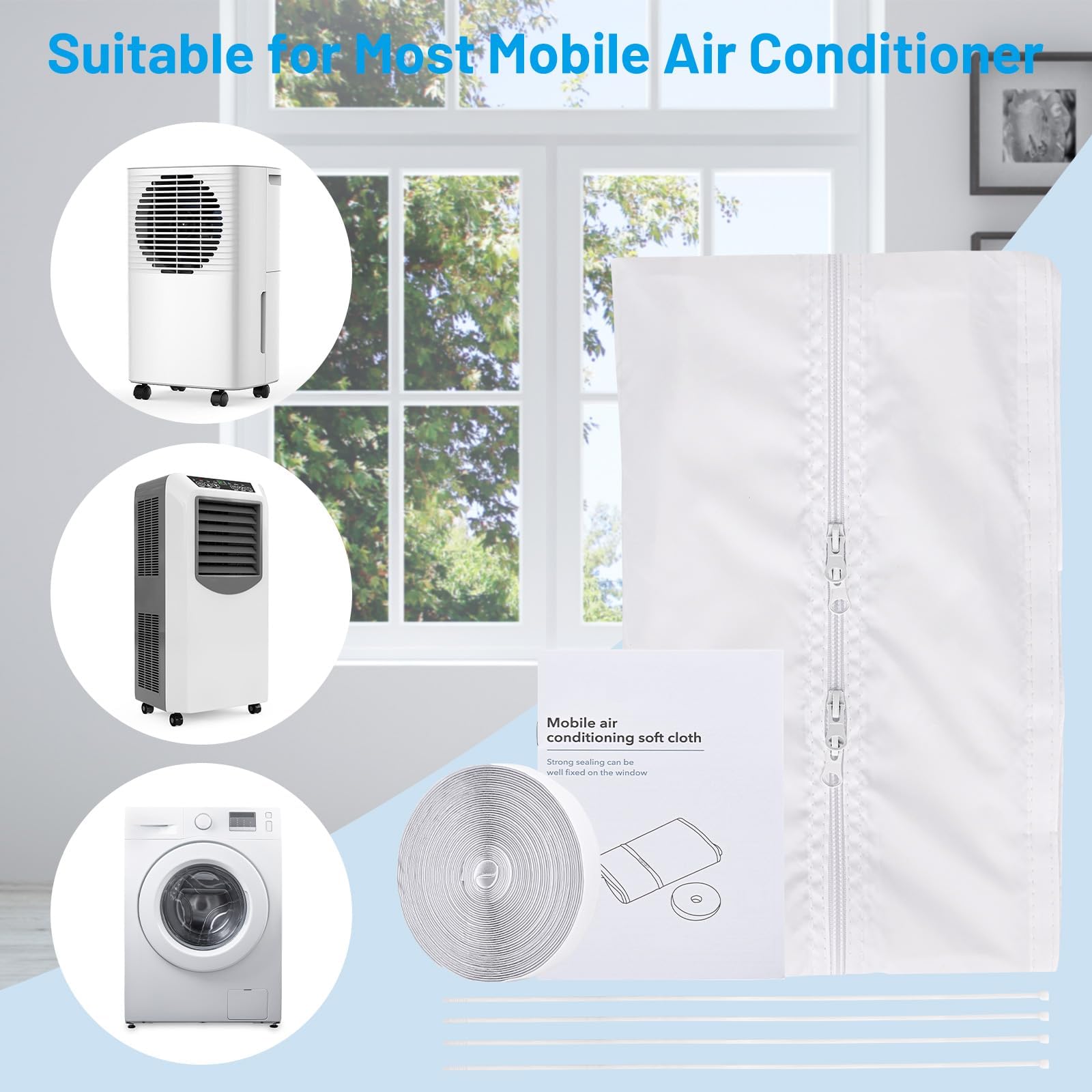 500 cm Fensterabdichtung für mobile Klimaanlagen, effiziente Energie, Hot Air Stop zur Befestigung an Fenstern, Klimaanlagen & Trockner, mobiler Ablufttrockner, weiß, ohne Bohren