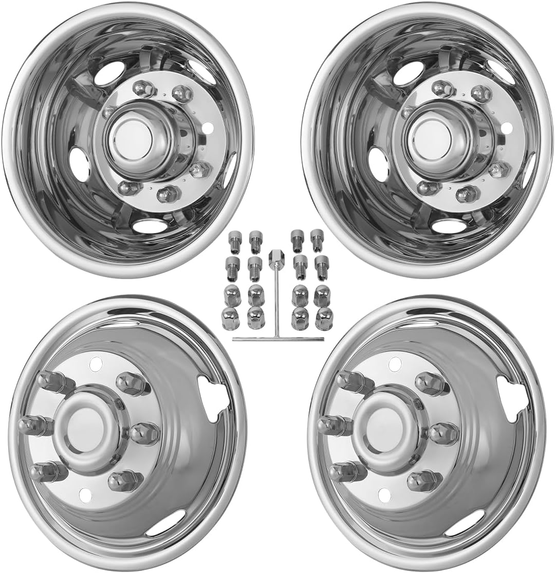 17inch Stainless Steel Dually Wheel Simulators Fits for 2011-2025 Chevy&GMC 3500, Bolt On Wheel Cover with Removable Centre Cap Front Rear Hub Cap Replacement,17" Wheel Cover (Set of 4)