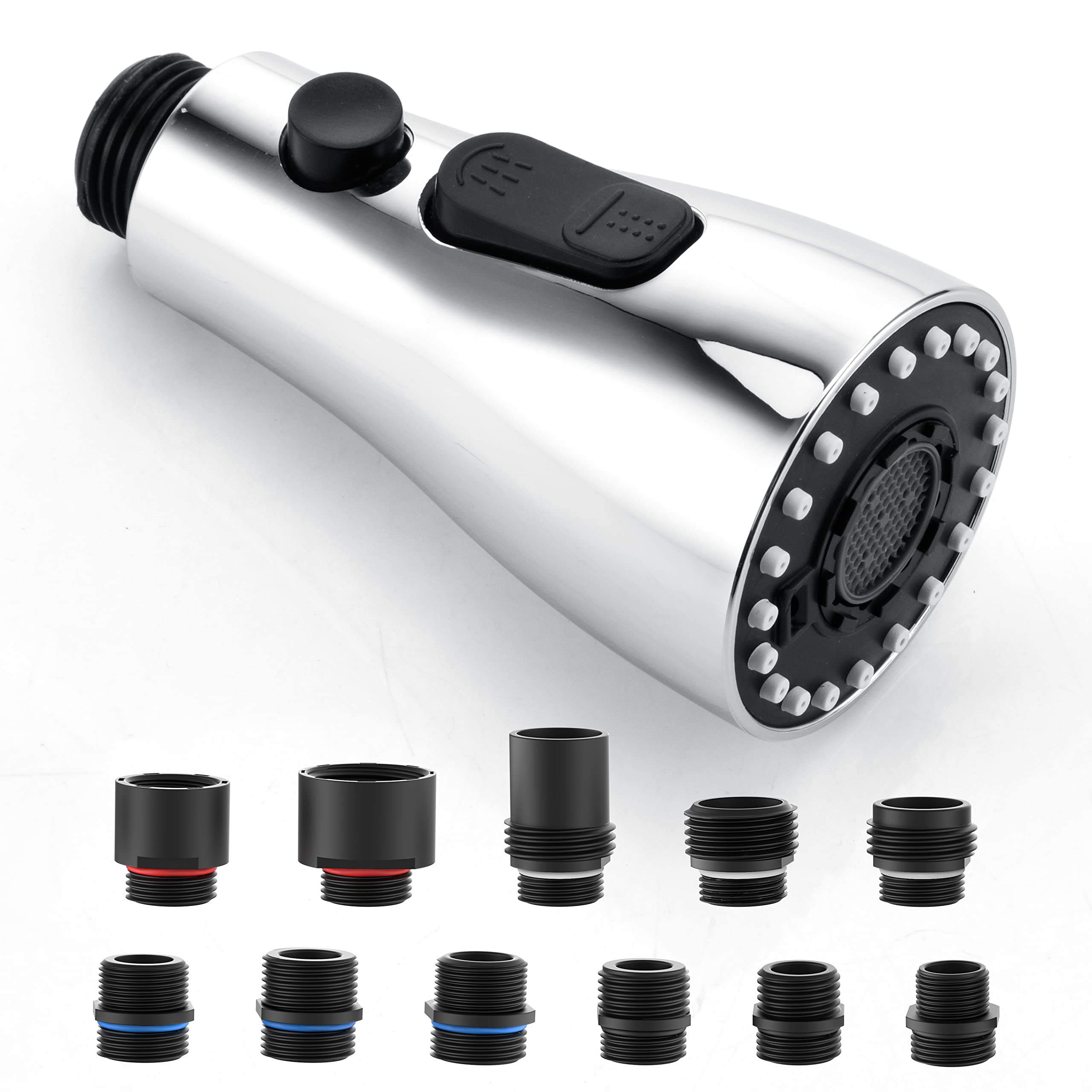 J-HVAPull Down Kitchen Faucet Sprayer Head Replacement Part, 3 Function kitchen Sink Faucet Replacement Nozzle, Kitchen Faucet Head Hose Spray Tap Spout, Chrome (15 Connectors)