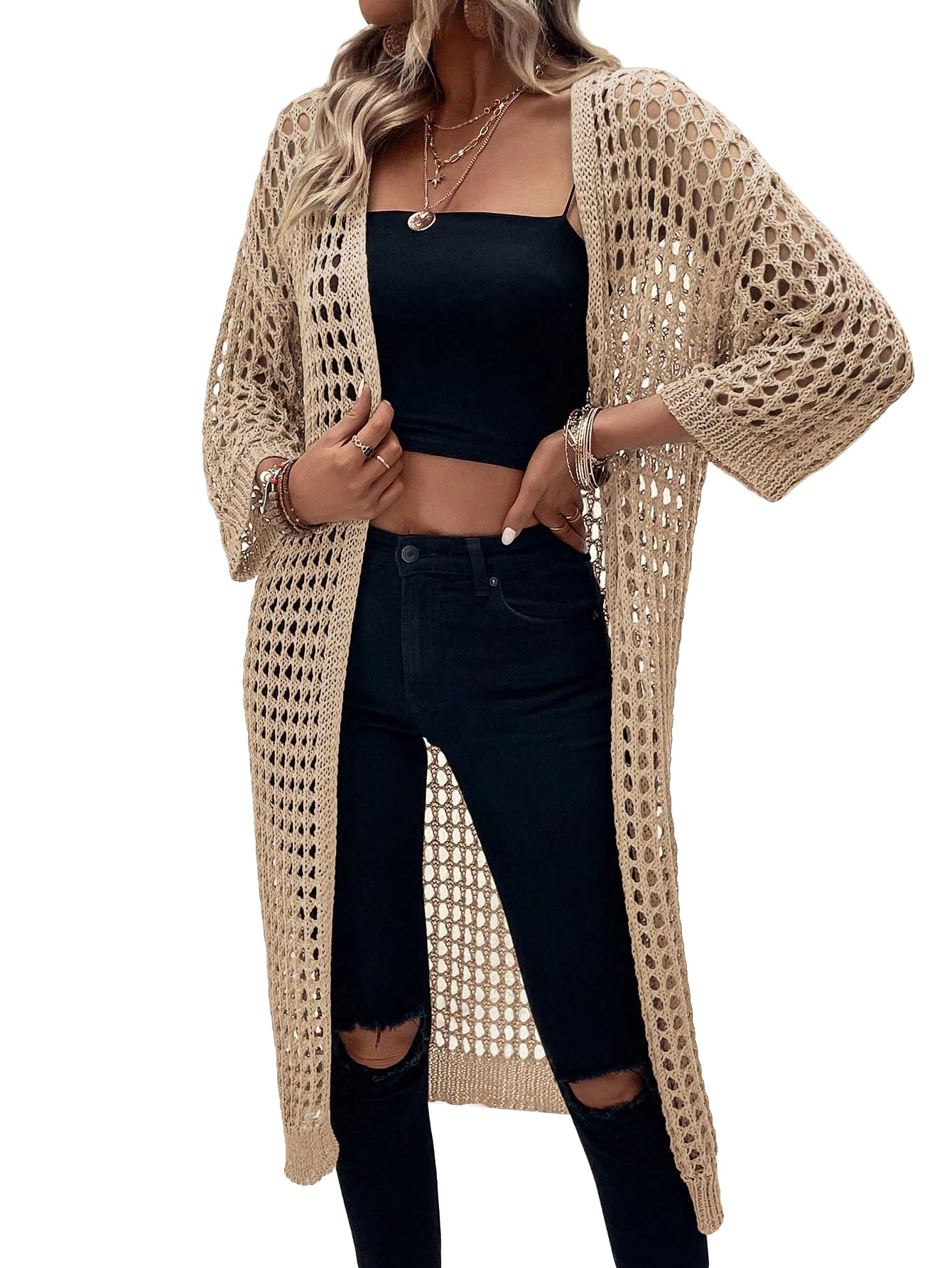 Verdusa Womens 3 4 Sleeve Long Cardigan Lightweight Hollow Out Crochet Knit Open Front Kimono Spring Outfits