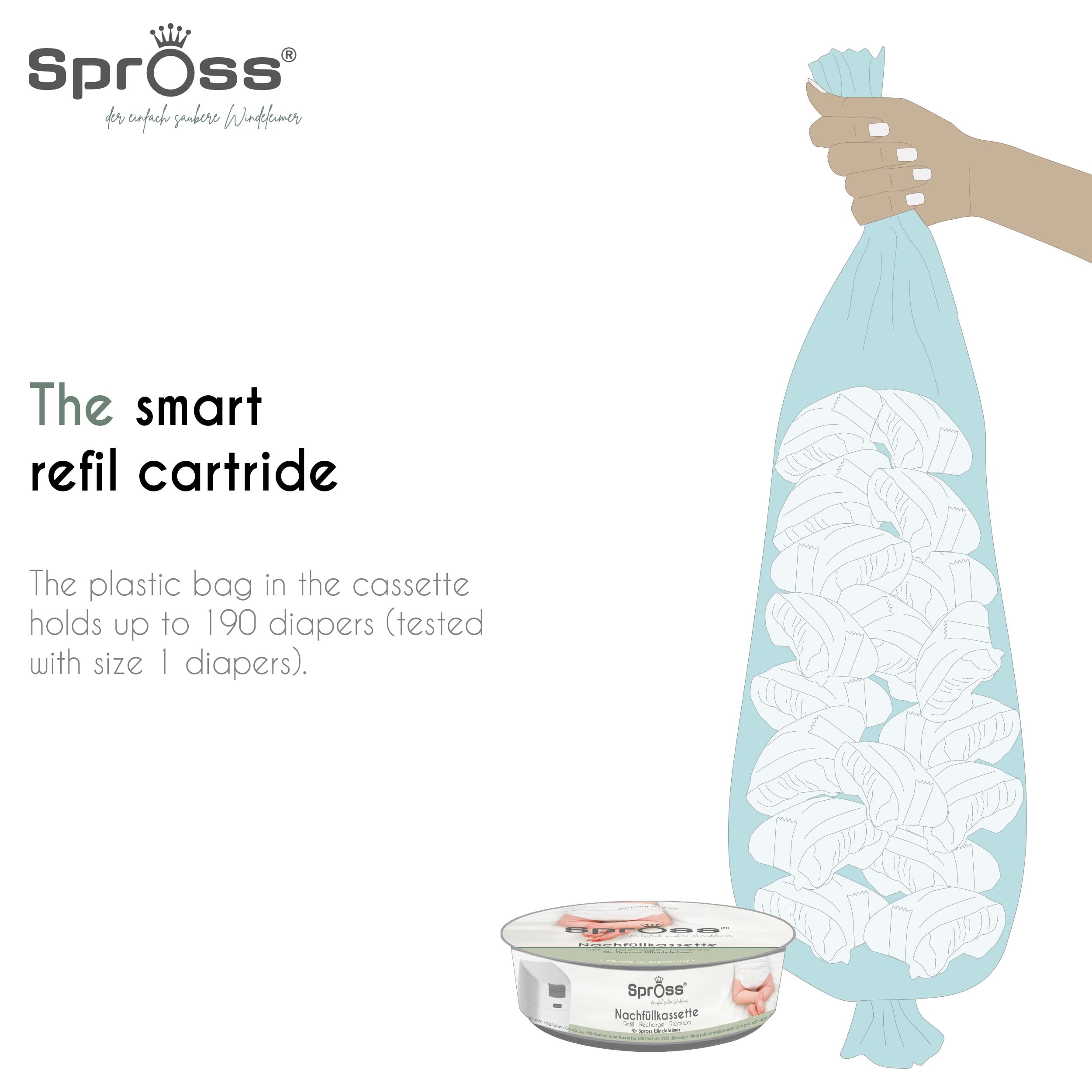 Poubelle à couches Spross® incl. 3 recharges, seau hermétique aux odeurs avec fermeture hygiénique