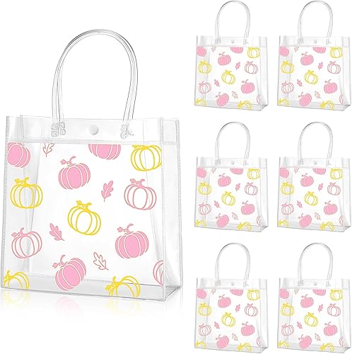 Miniatura 1 de Aliceset 12 bolsas de regalo de PVC transparente con diseño de calabaza, bolsas de regalo de plástico transparente con asas para fiesta de otoño,