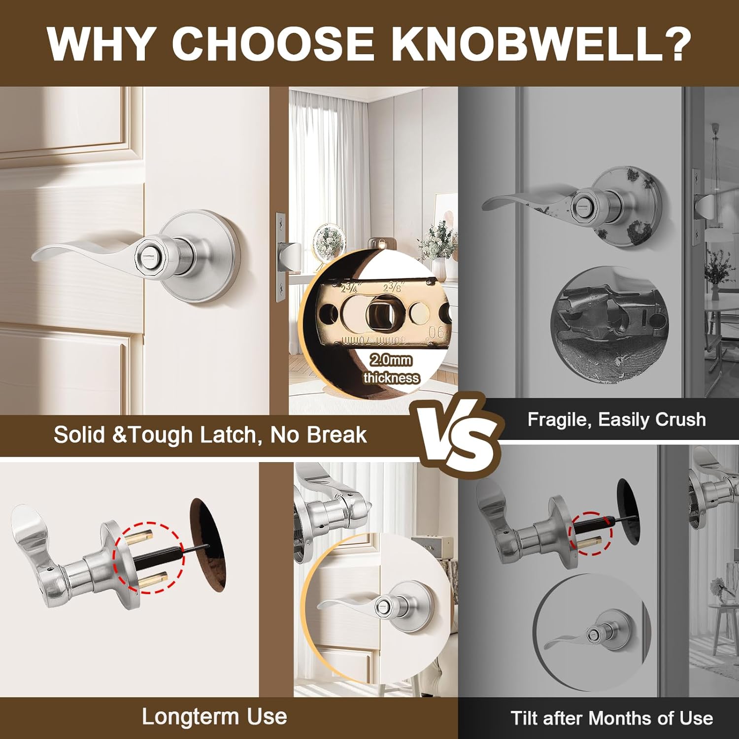 KNOBWELL 1 Pair Dummy Door Handle and 6 Pack Privacy Door Handle Wave Style Door Lever Brushed Nickel Interior Door Knob