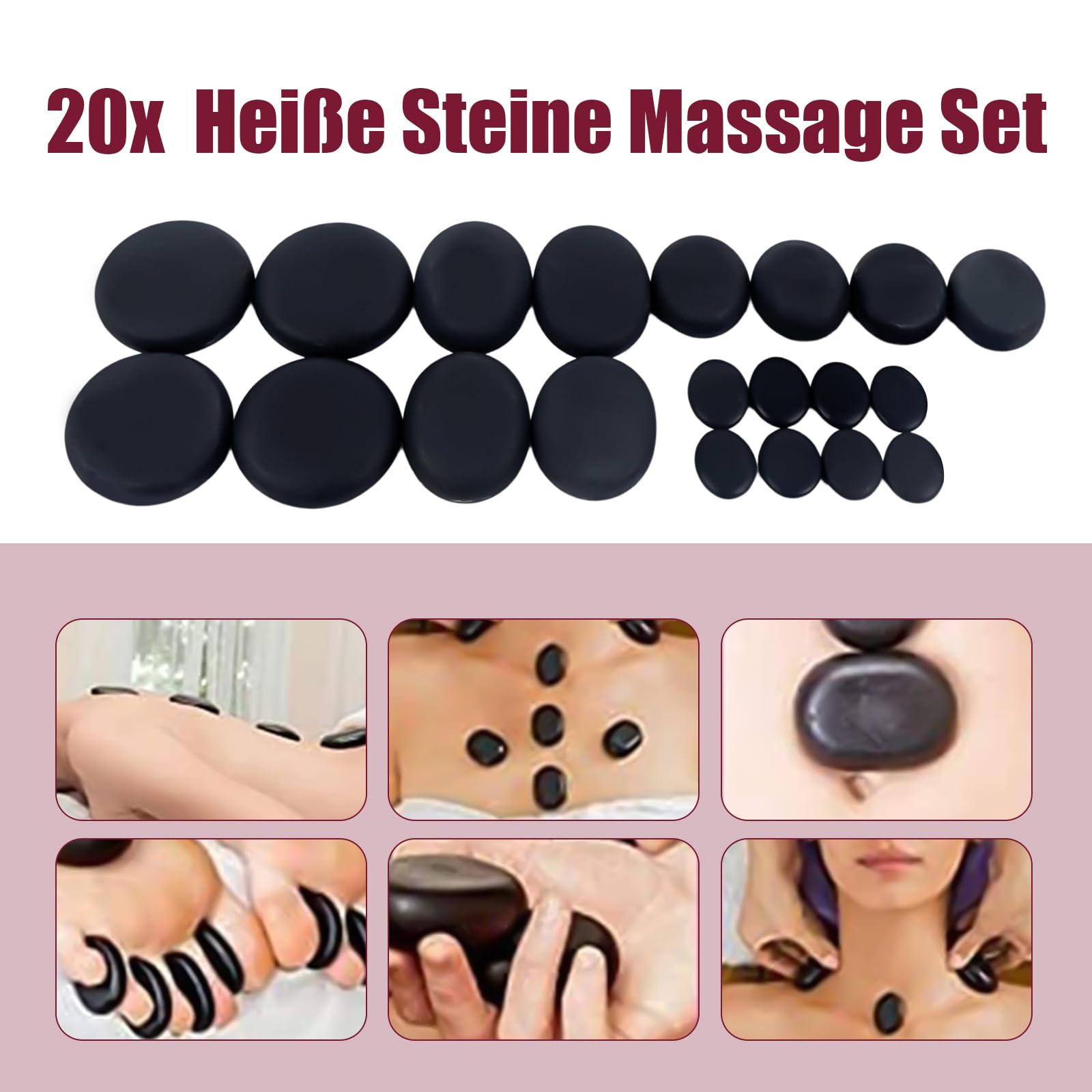 Juego de 20 piedras de masaje de basalto, con caja de calor portátil grande para uso doméstico, spa, terapia de masaje y relajación (juego de 9 unidades)
