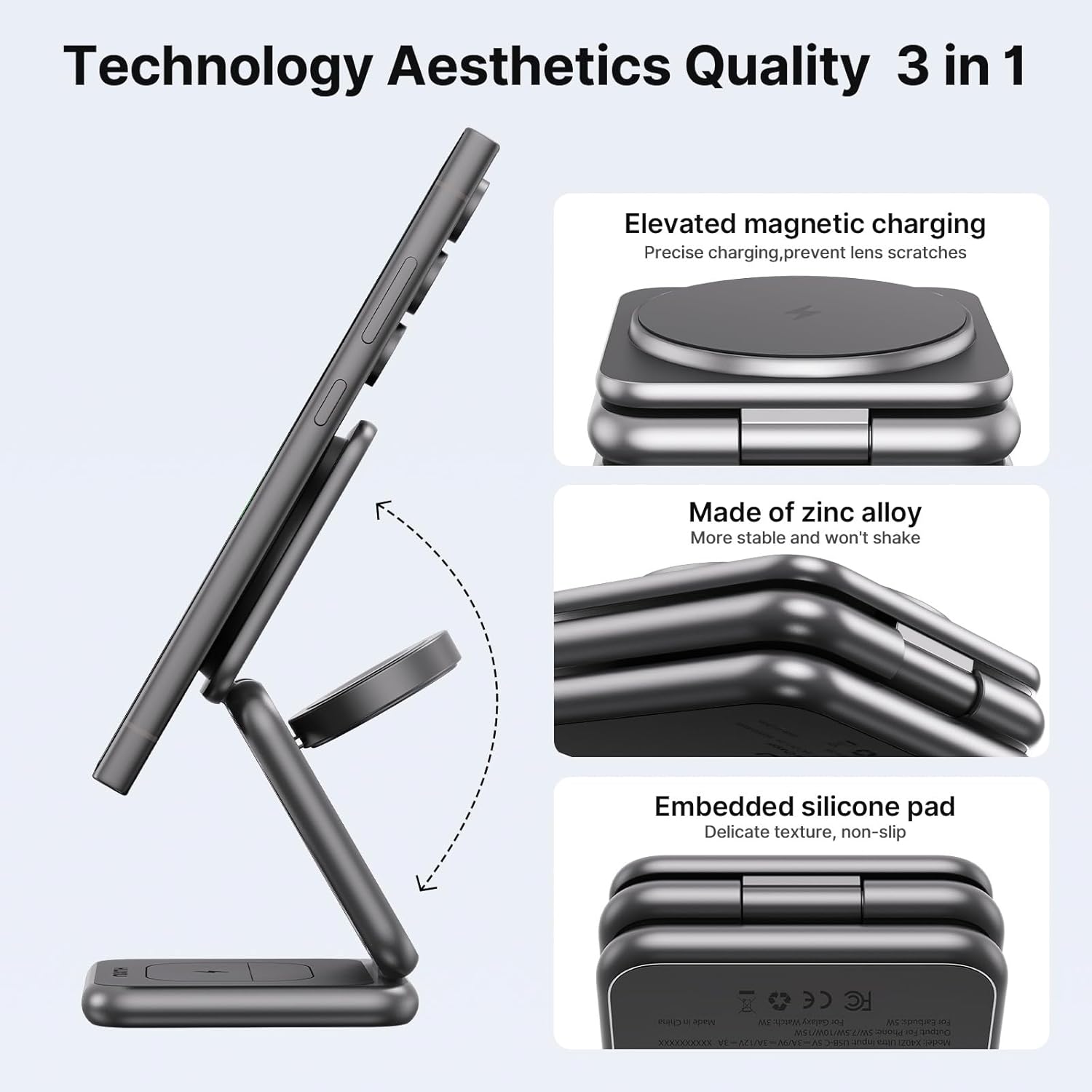 KU XIU Wireless Charger for Samsung,Aluminum Alloy Foldable 3 in 1 Wireless Charging Station for Samsung Galaxy S25 Ultra S24 S23 S22 Note Z Fold 7 Flip/Buds, for Galaxy Watch Ultra 8 7 6 5 4