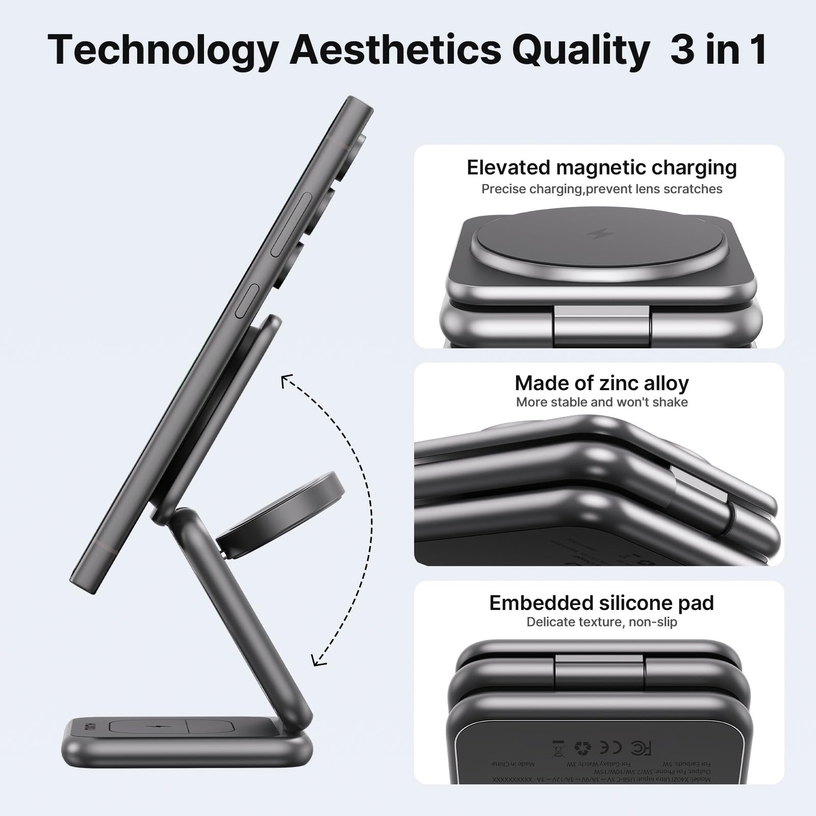KU XIU Kabelloses Ladegerät für Samsung, Aluminiumlegierung, faltbar, 3-in-1, kabellose Ladestation für Samsung Galaxy S25 Ultra S24 S23 S22 Note Z Fold Flip/Buds, Schnellladegerät für Galaxy Watch