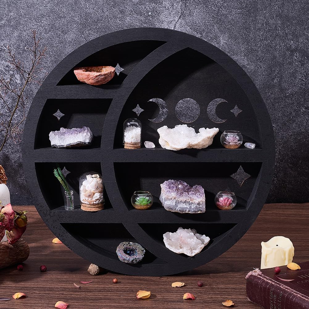 Wood Crystal Wall Shelf 11.8 x 11.8 Inch Rustic Floating Wall Decor, Moon Shelf Display Black Round Oils Trinkets Gemstone Storage Organizer for Meditation Art Spiritual Gift Home Decor
