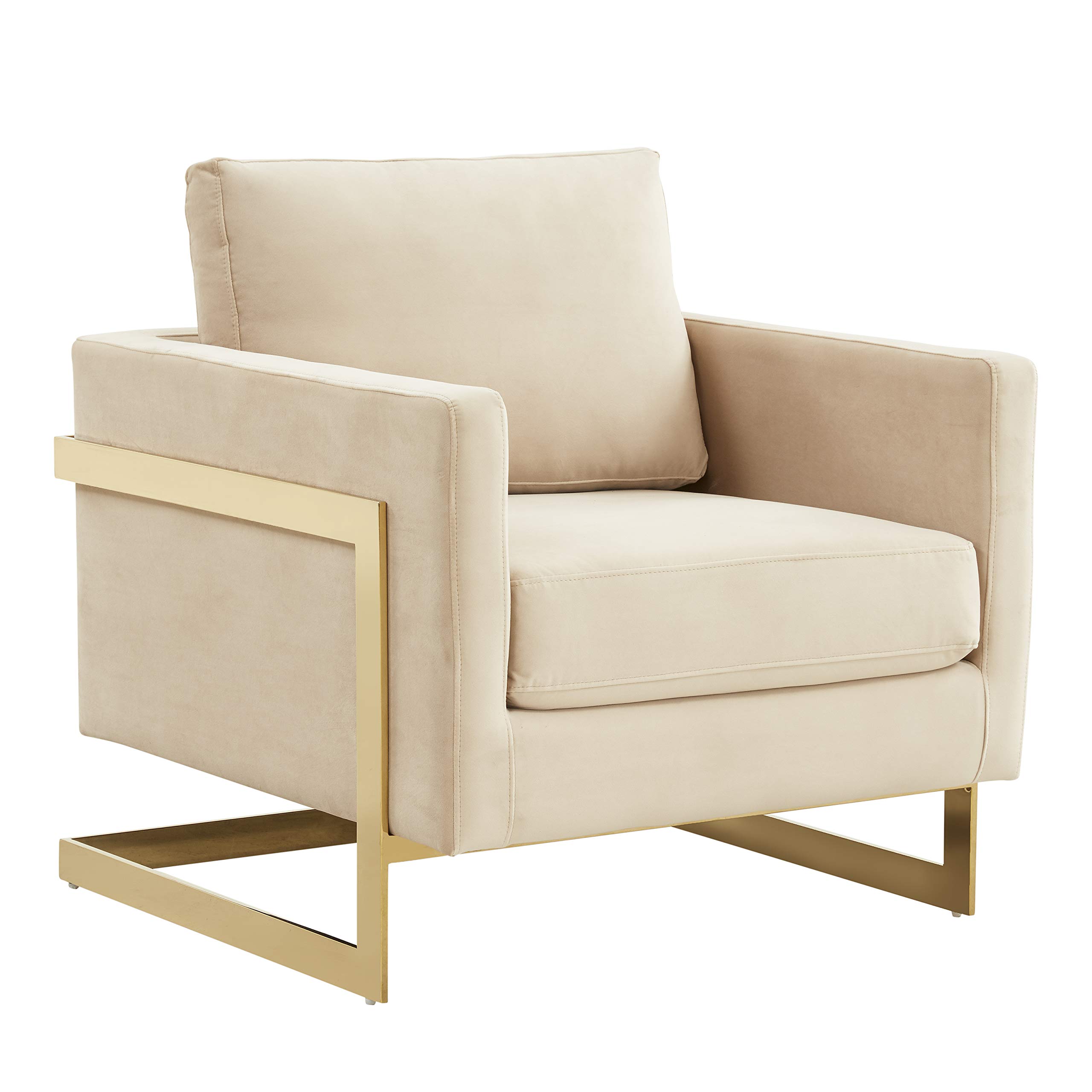 LeisureMod Lincoln Mid-Century Modern Faux Leather Accent Arm Chair, Upholstered Lounge Chair with Cushioned Back and Gold Metal Frame for Living Room