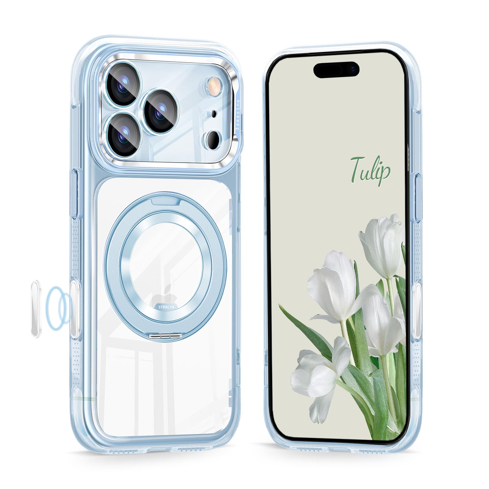 DAMESINE iPhone 17Pro用ケース クリアブルー MagSafe対応 回転リングスタンドマグネット搭載 薄い軽量 エアバック内蔵耐衝撃 黄変防止 着脱可能カメラカバーキラキラ カメラコントロールボタン付き 可愛いあいふおん17プロケース クリアブルー