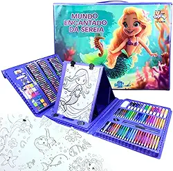 Maleta de Pintura Infantil 208 Itens Mundo Encantado da Sereia Desenho Material Escolar Presente para Crianças