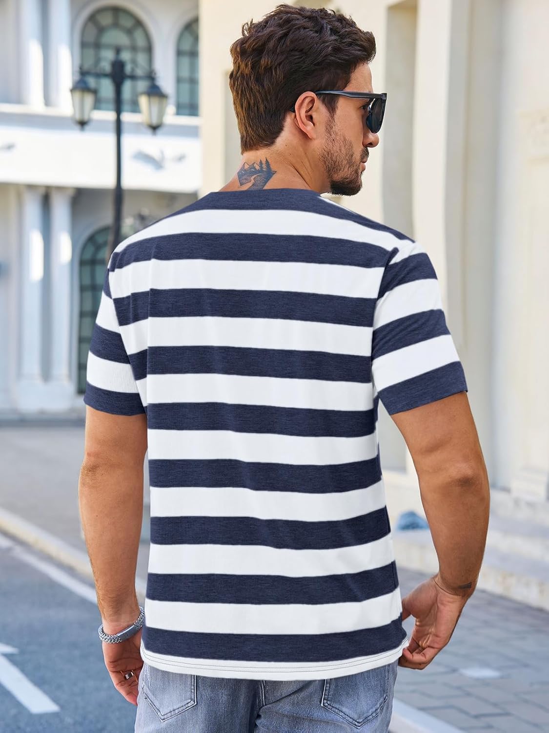 Runcati Mens Short Sleeve T-Shirts Striped Casual Crewneck Basic Shirt Color Block Stretch Summer Beach Tees - Image 3