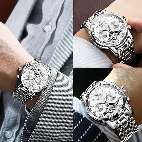 Miniatura 4 de OLEVS Reloj automático para hombre, cuerda automática, mecánica, de lujo, de acero inoxidable, multicalendario, impermeable, luminoso, reloj de