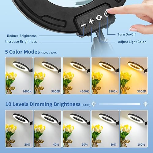 Miniatura 6 de HITTI Lupa ultra larga de 12 veces con luz y abrazadera, 5 modos de color, lámpara de escritorio con atenuación continua, luz de banco de trabajo