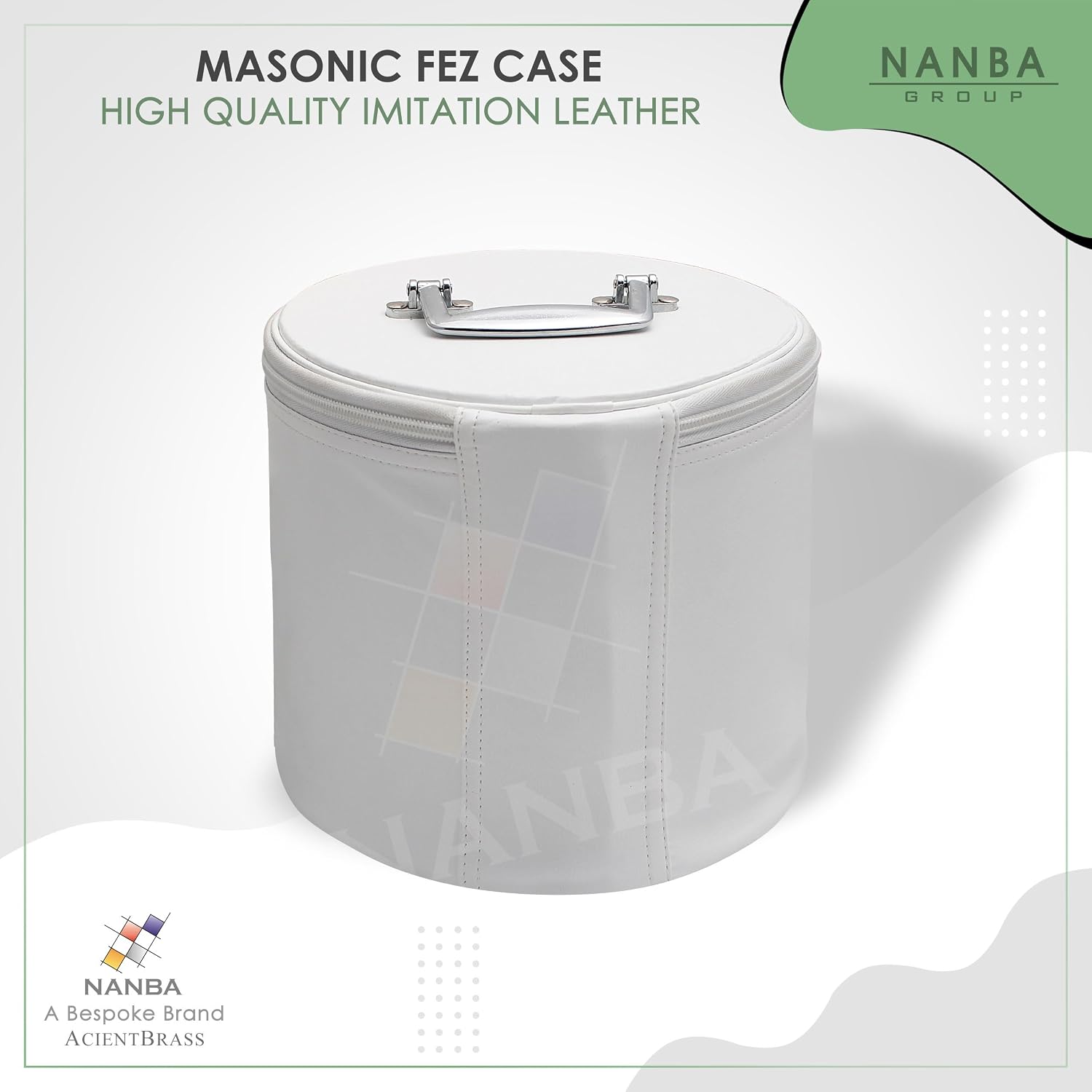 Deluxe Masonic Fez Case White with Chrome Handle – Durable Imitation Leather Fez Storage Case for Freemasons – Travel-Friendly Storage with Secure Protection