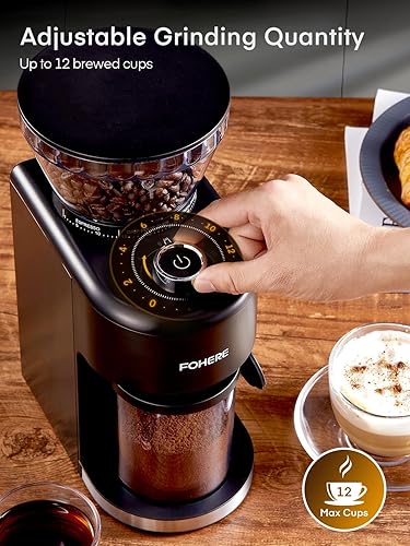 Miniatura 4 de Molinillo de café con rebabas cónicas antiestáticas FOHERE ajustable con 35 ajustes precisos de molienda, temporizador seleccionado de 2 a 12 tazas,