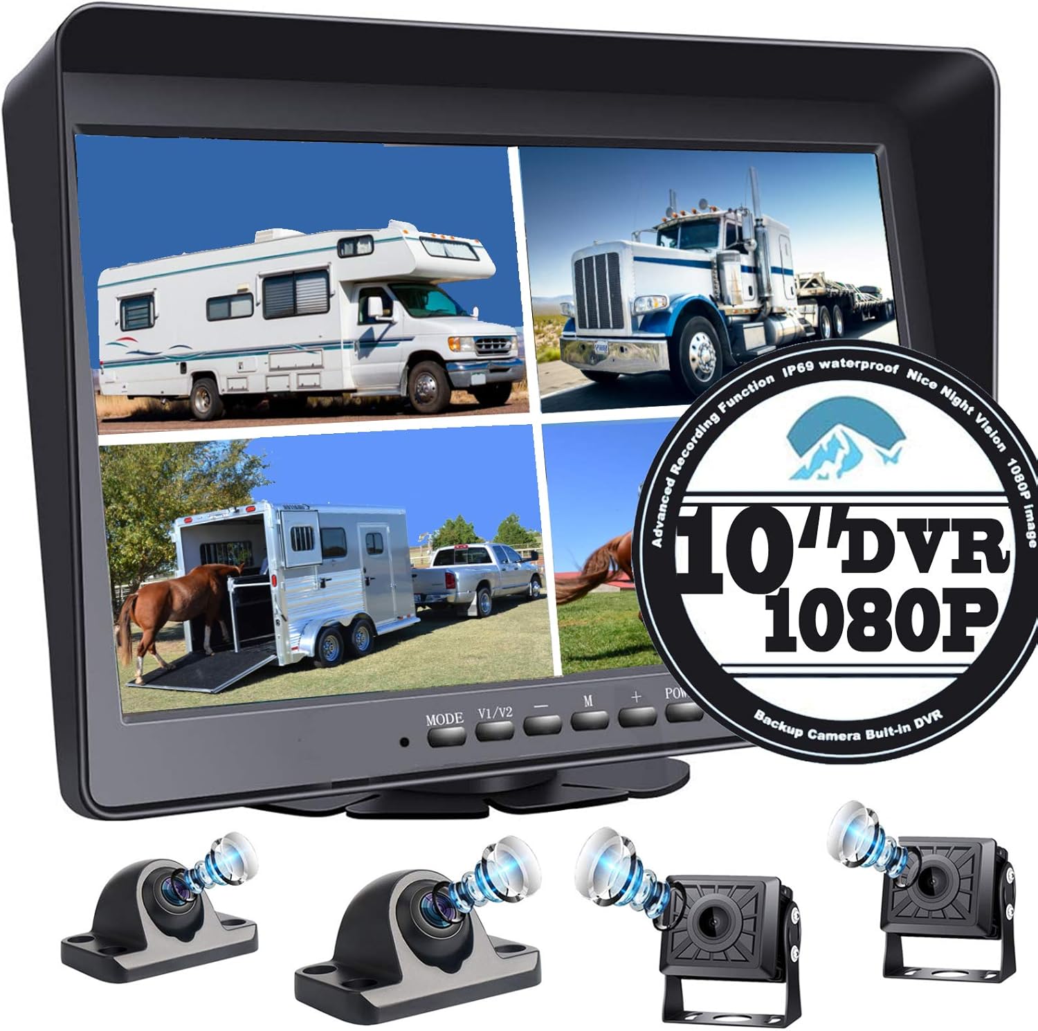 Best Promo Backup Camera with Large 10.1'' Monitor and DVR for RV Truck Trailer Rear Side Front Backing View Wired System 1080P HD Image 4 Split Screen Advanced Recorder 64G IP69 Waterproof Avoid Blind Spot A101