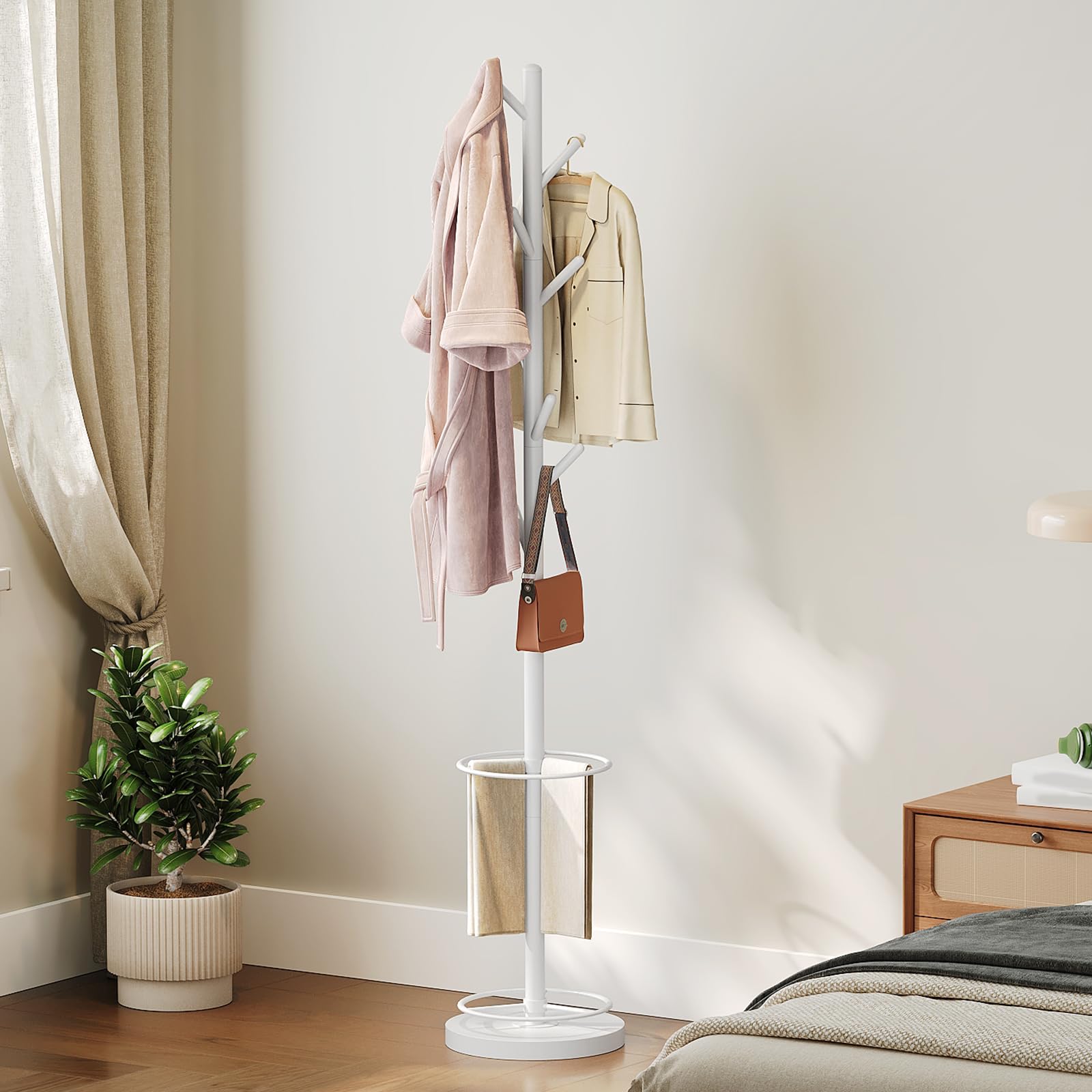 YATINEY Appendiabiti ad Albero con Portaombrelli, Attaccapanni da Terra 179 cm Autoportante per Ingresso e Corridoio, Appendiabiti Multilivello per Cappelli Borse Giacche, Bianco XYM03WW