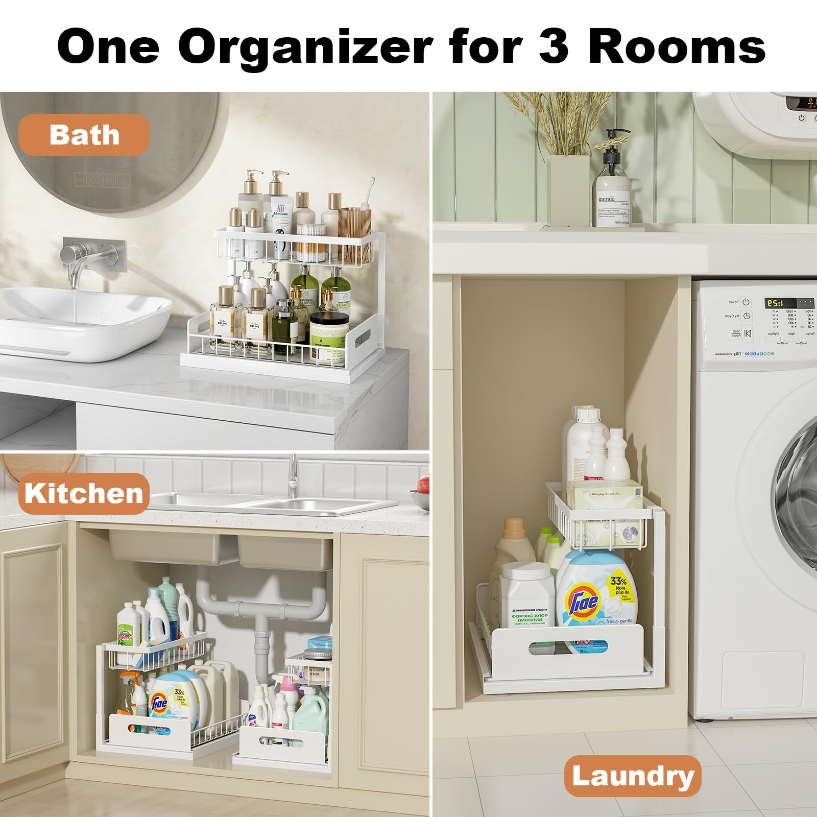 REALINN Unterspülen-Organizer, ausziehbarer Schrank-Organizer, 2 Ebenen, ausziehbares Waschbeckenregal, Schrank, Aufbewahrungsregale, Unterspüle, Aufbewahrung für Küche, Badezimmer, Weiß, 1 Stück | Ausziehbares Waschbeckenregal, Aufbewahrungsregale, Unter