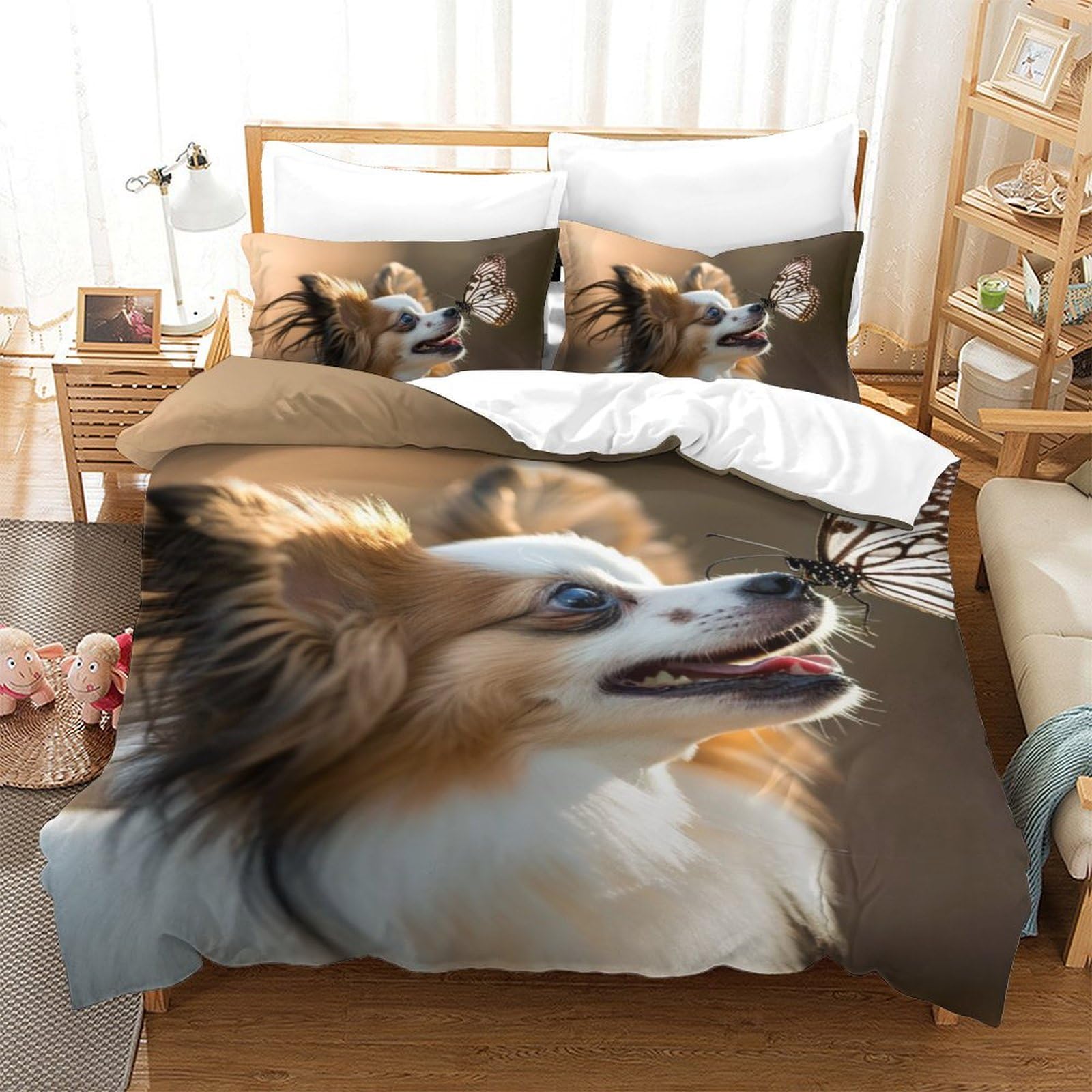 Parure de lit Chien Papillon 3D en microfibre premium douce avec taie