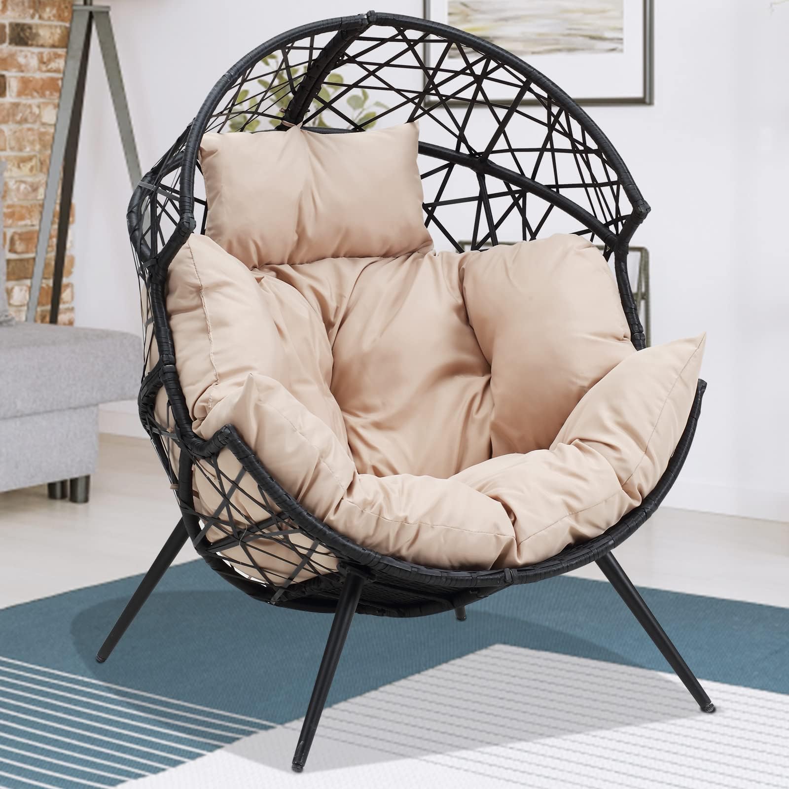 Egg Chair - Outdoor Patio Egg Chair Indoor Wicker Egg Lounger Chair with Cushion and Stand for Living Room Patio Backyard (Beige)