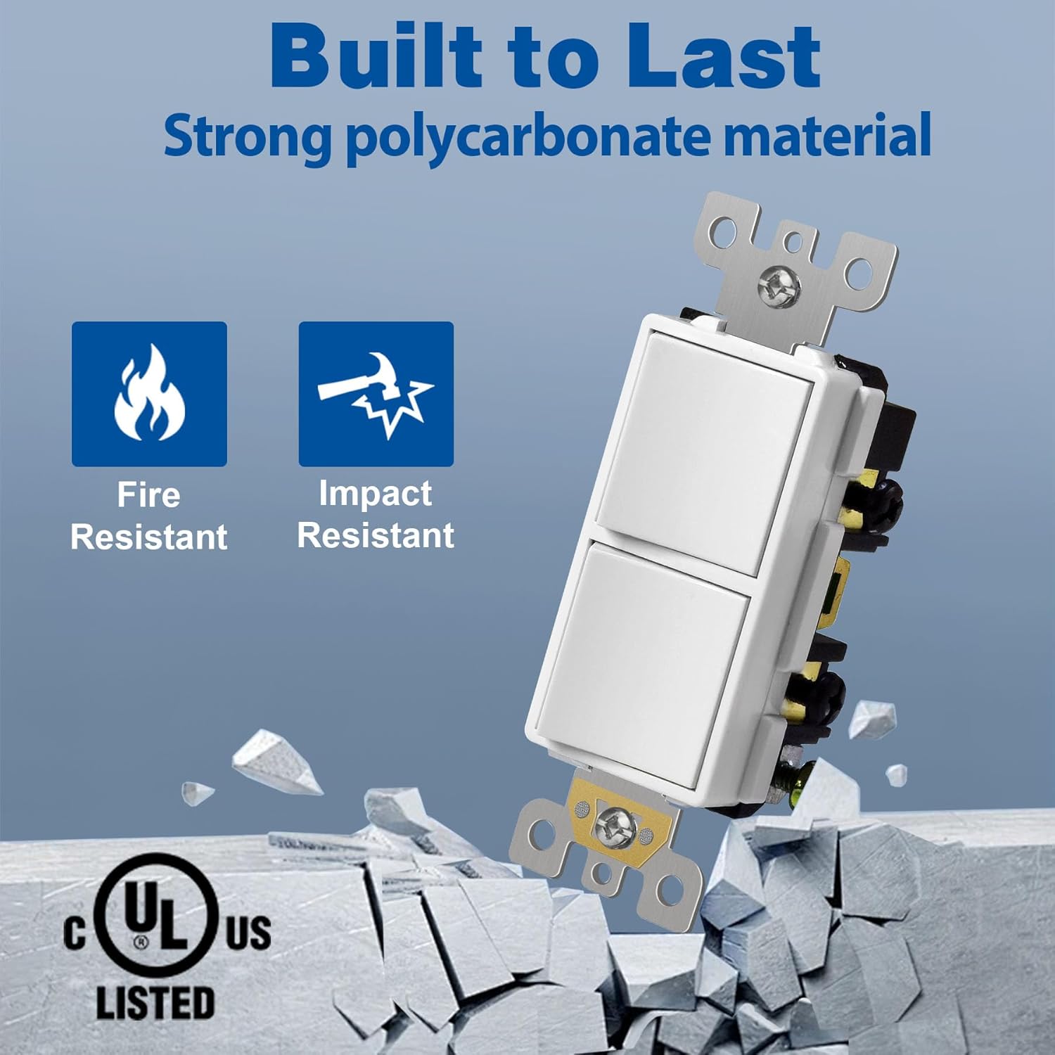 CML Double Paddle Rocker Decorator Light Switch, Single Pole Dual Self-grounding On/Off Interrupter, 15 Amp Electrical in-Wall Switches, UL Listed, 10 Pack, White