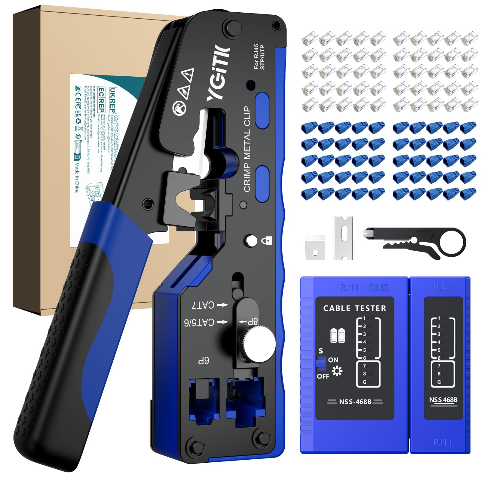 YGiTK RJ45 Crimp Tool Kit Pass Through, Cat7 Cat6A Cat6 Cat5e Ethernet Crimping Tool Set with Cable Tester, 50PCS CAT6 Connectors & Boots, Stripper Cutter for Network Installation Repair