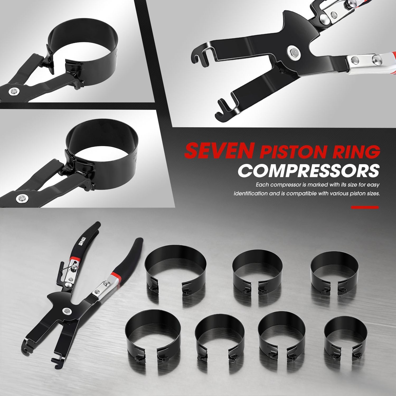 DNA MOTORING TOOLS-00537 - Set compressore ad anello per motore, con pinze a compressione e 7 anelli per pistone (2-7/8" - 4-5/8") - per auto, camion e moto, kit di installazione e rimozione