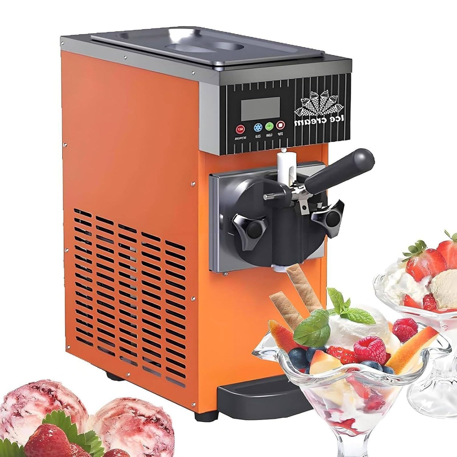 PioMue Single Flavor Soft Serve Ice Cream Machine, Soft Ice Cream 4-5 kg/Hour, Commercial Ice Cream Machine, LCD Display for Restaurants and Bars OrangeYellow