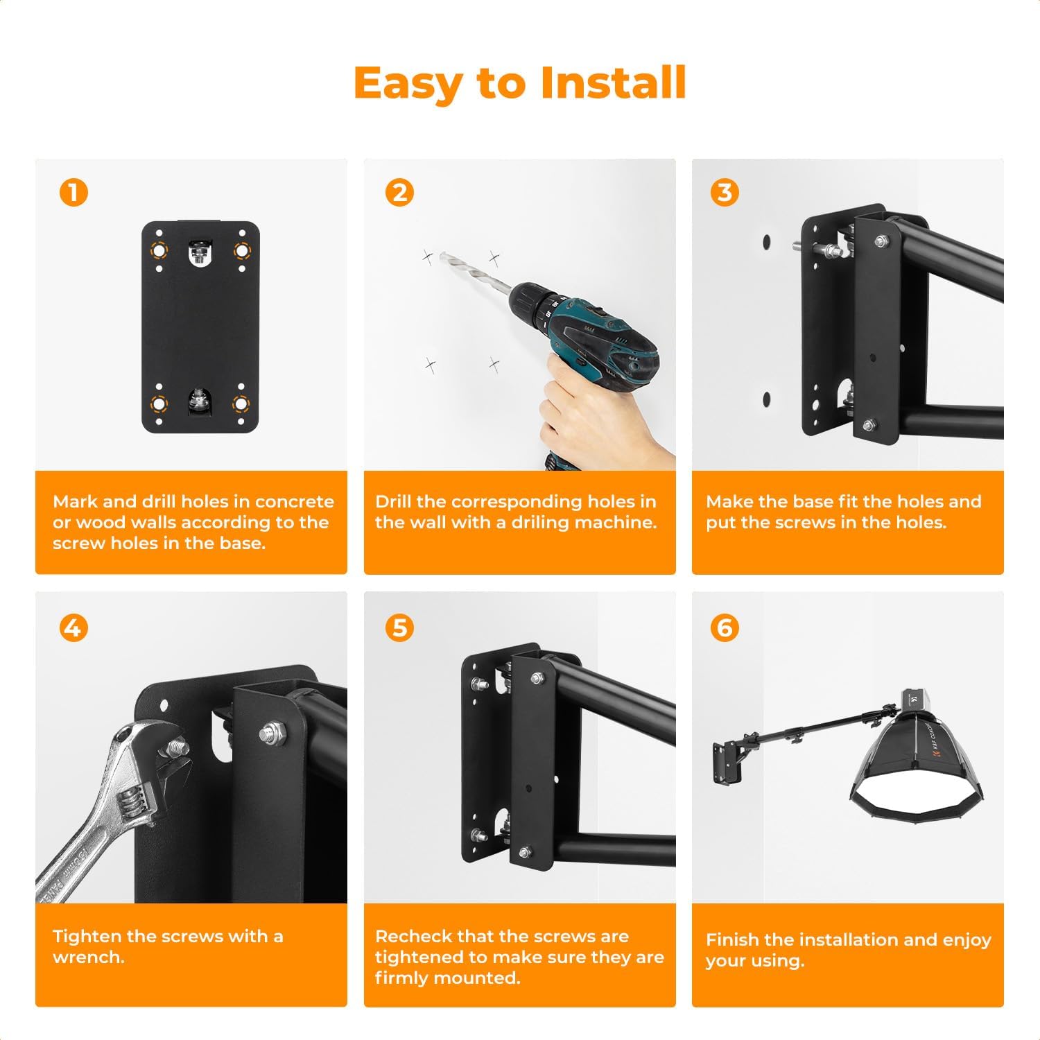 K&F CONCEPT Wall Mount Boom Arm 51"- Rotating Triangle Stand for Ring Light, Softbox, Reflector - Support 180°Flexible Rotation, 33-51in Adjustable Length, 20lbs Heavy Duty with 1/4''&3/8'' Mount