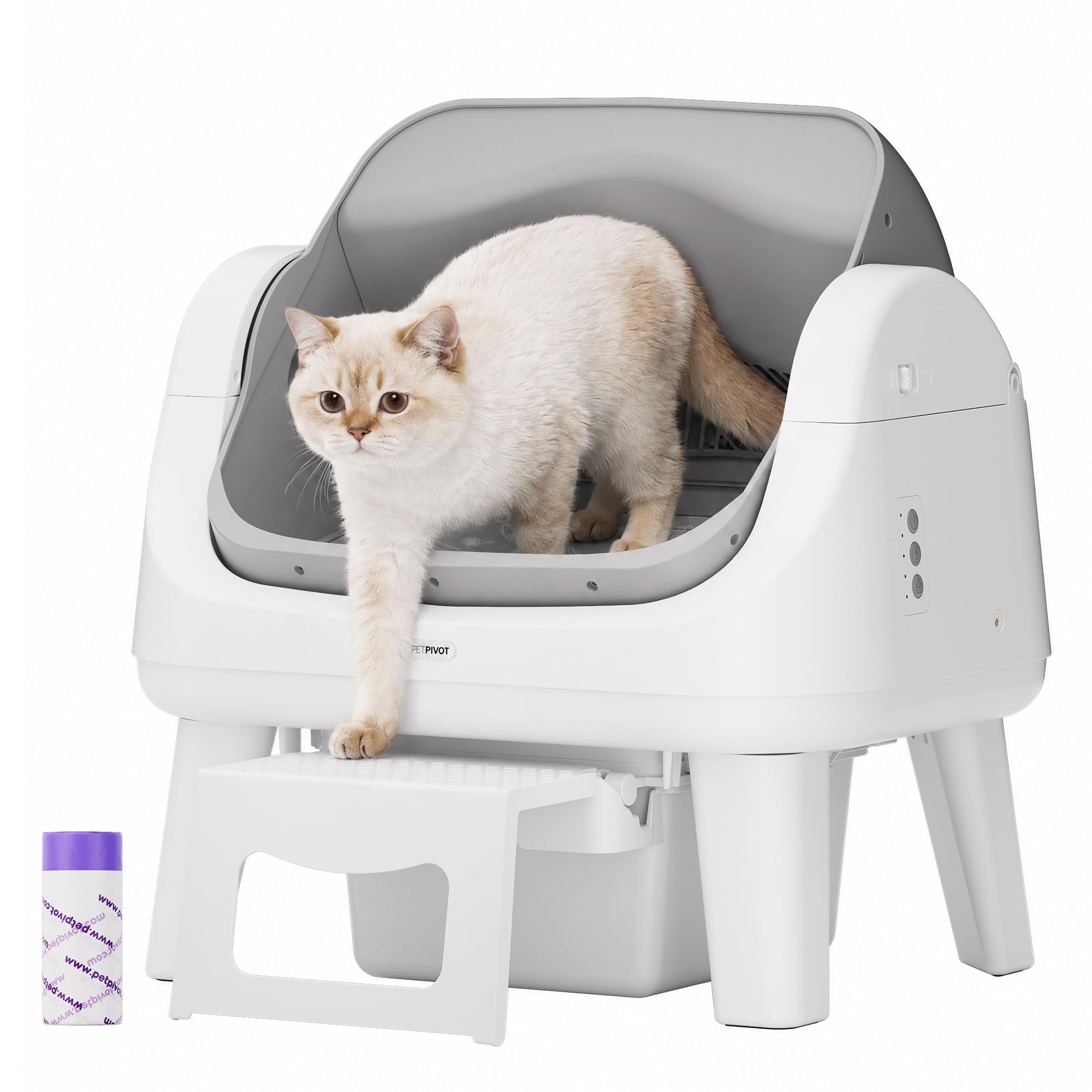 PetPivot Open Top Self Cleaning Cat Litter Box, Automatic Litter Box with 7 Pairs of Safety Sensors, Anti-Pinch Protection and Easy Access Step for Senior Cats, White Grey