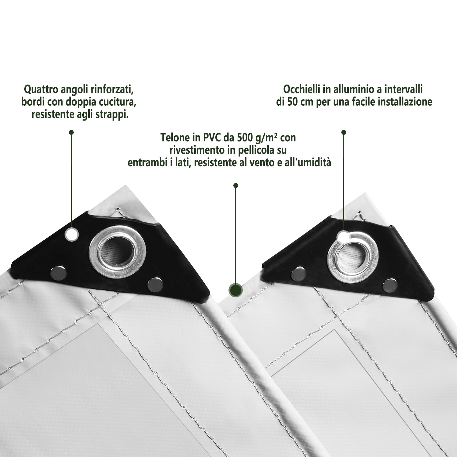 Laneetal Telo Idrorepellente Esterno 2x3m, Telone Occhiellato Idrorepellente Rinforzato PVC 500 g/m², Telo Protettivo Multiuso per Barche, Legno, Piscina, Mobili da giardino, Auto，Grigio