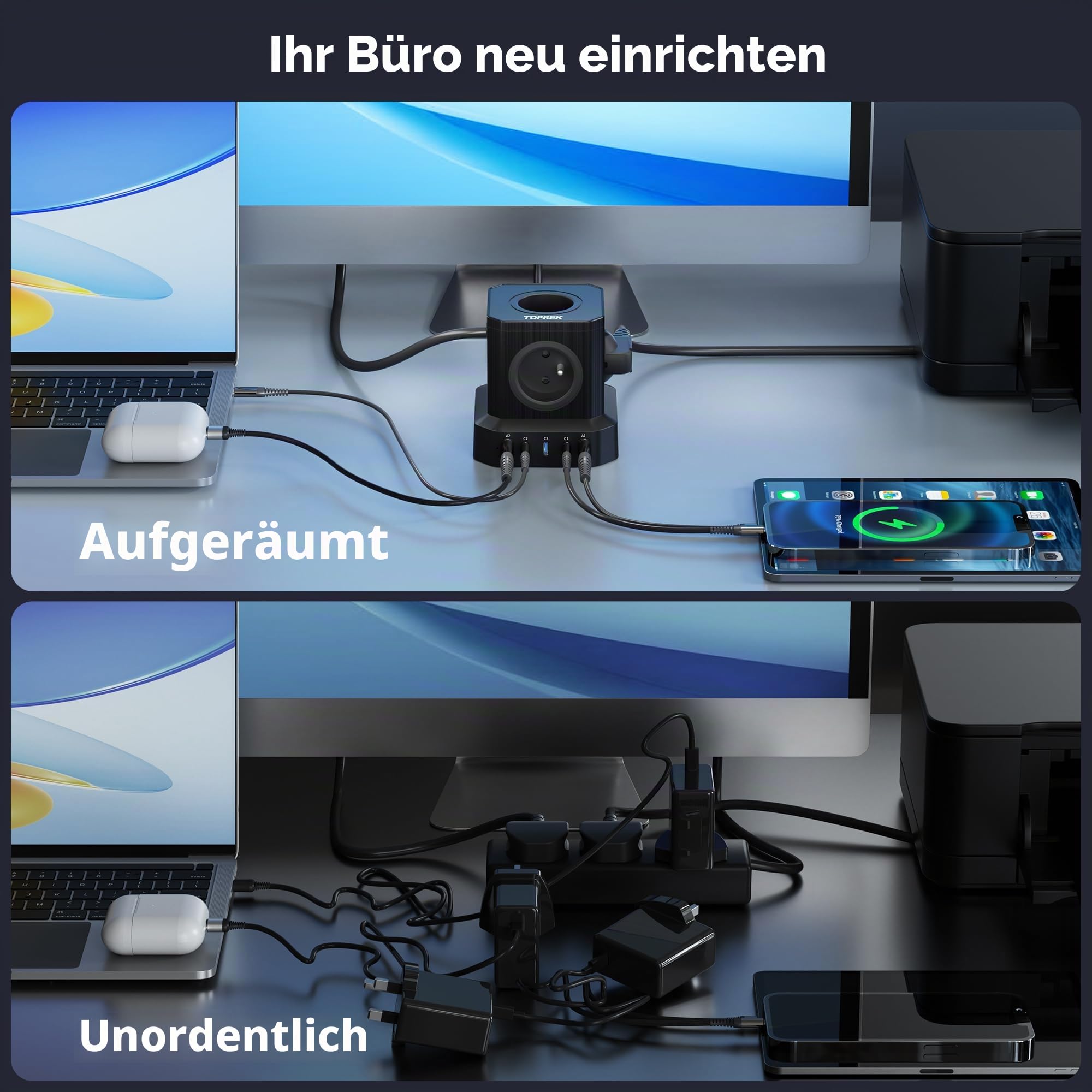 65W PD3.0 USB-C Mehrfachsteckdose, TOPREK 5 Wege Verlängerungskabel (16A/4000W) mit Mehrfachsteckdose und Kindersicherung, 2m, Verlängerungskabel für Zuhause, Wohnheim, Büro, Reisen