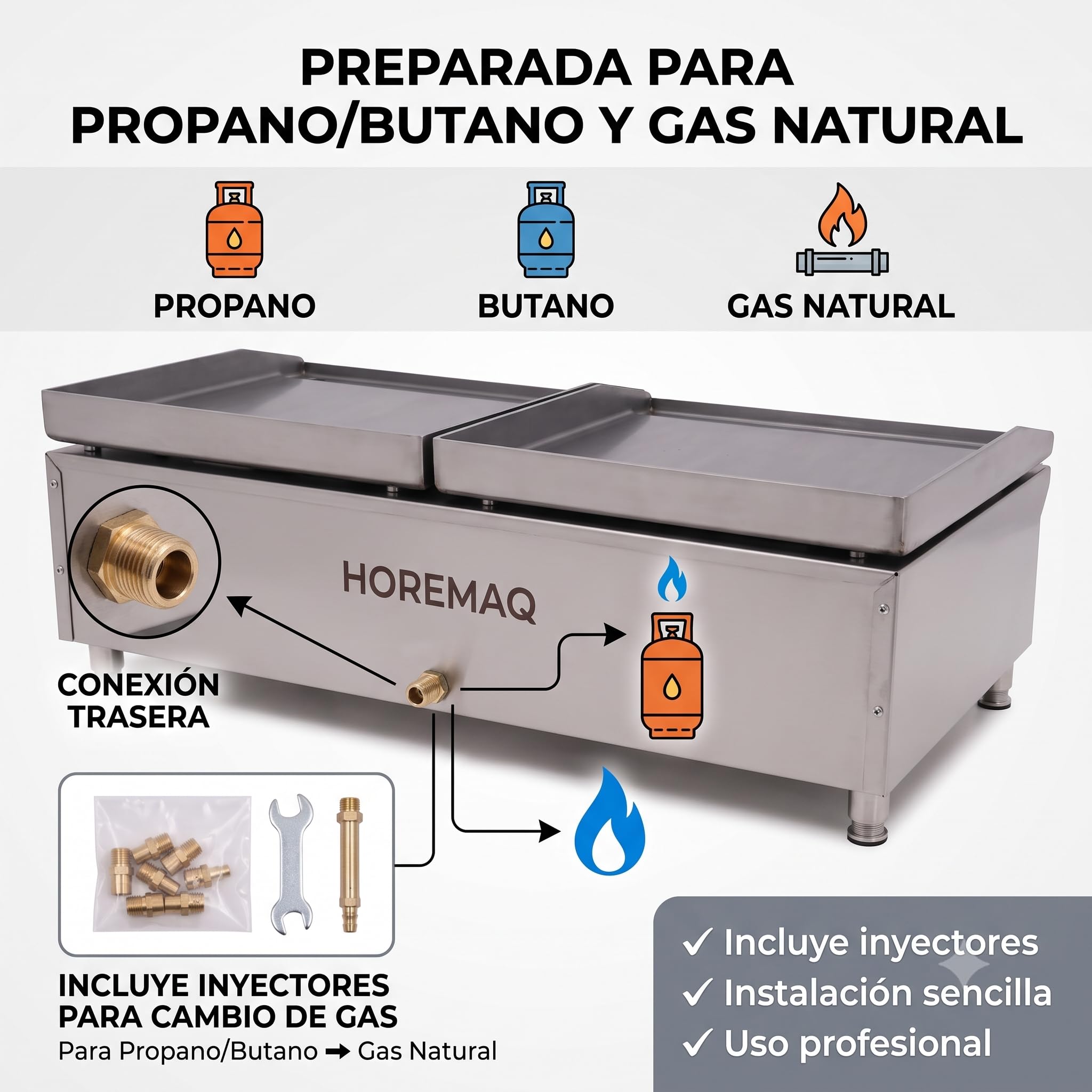 Plancha Gas Butano Profesional DUO, 2 Placas 60 x 40 cm en Acero Laminado 6 mm, 4 Quemadores, 11 kW, Cuerpo Inoxidable, Sobremesa Hostelería, Fabricada en España