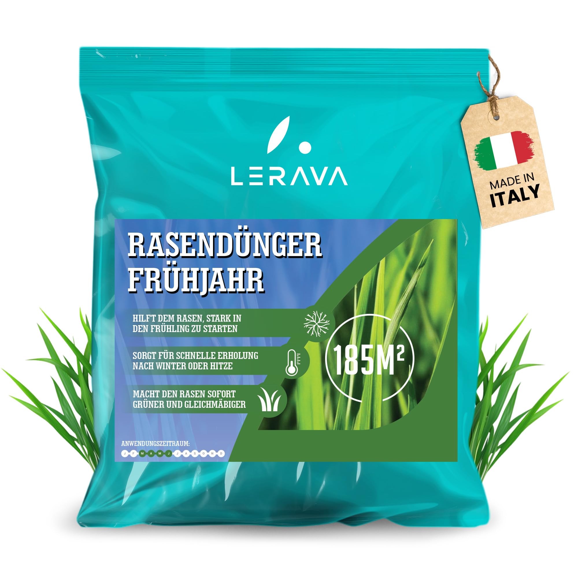 LERAVA Rasendünger Frühjahr (185m²) - Stickstoffdünger NPK mit Langzeitwirkung - Mineralischer Frühjahrsdünger für dichten grünen Rasen - Fördert Wachstum & Regeneration - Rasenpflege Dünger 4,6kg