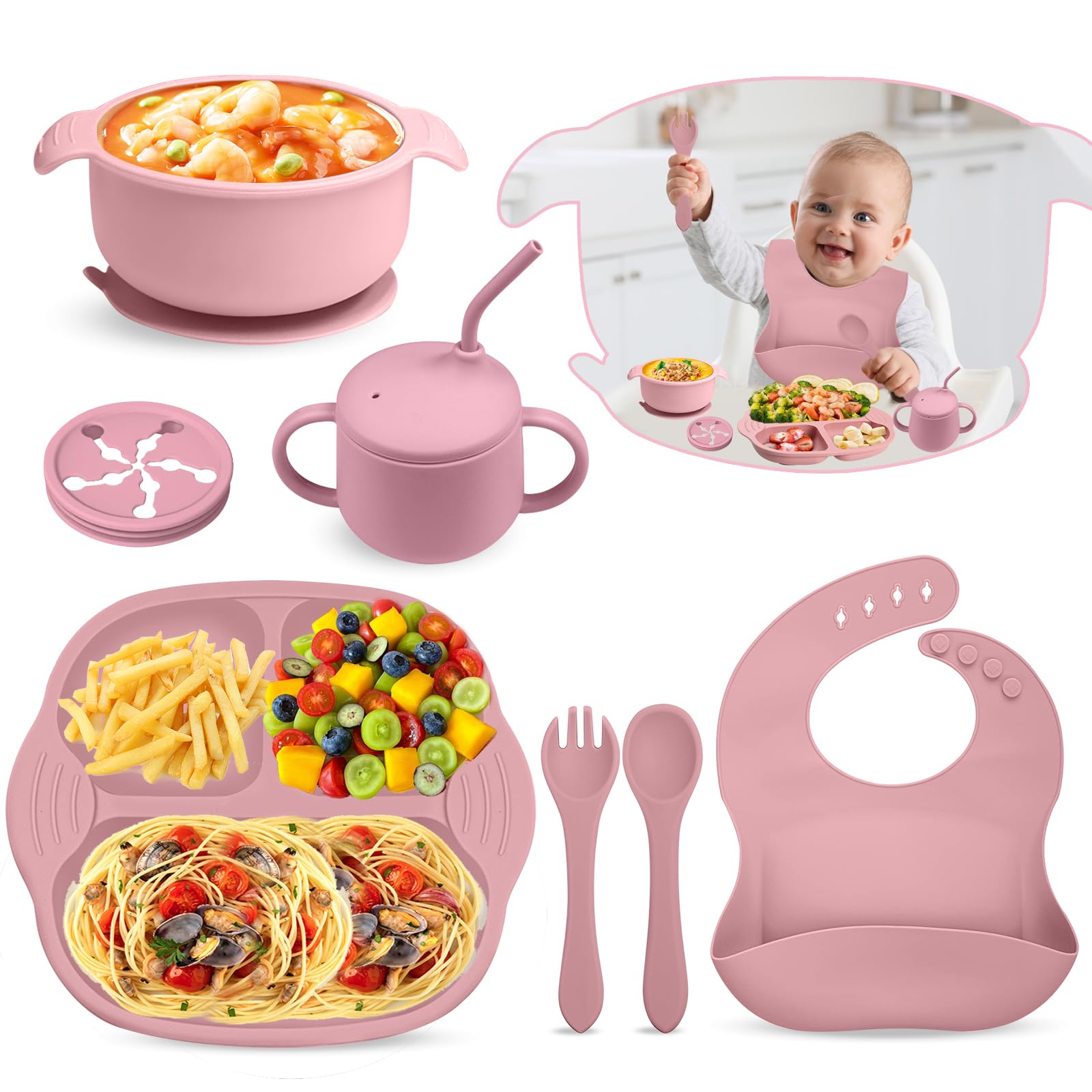 Set Repas Bébé 9 Pièces En Silicone - Assiette Ventouse, Bavoir, Couverts Et Tasse D'Apprentissage Sans BPA | Idéal Pour Bébé Dès 6 Mois