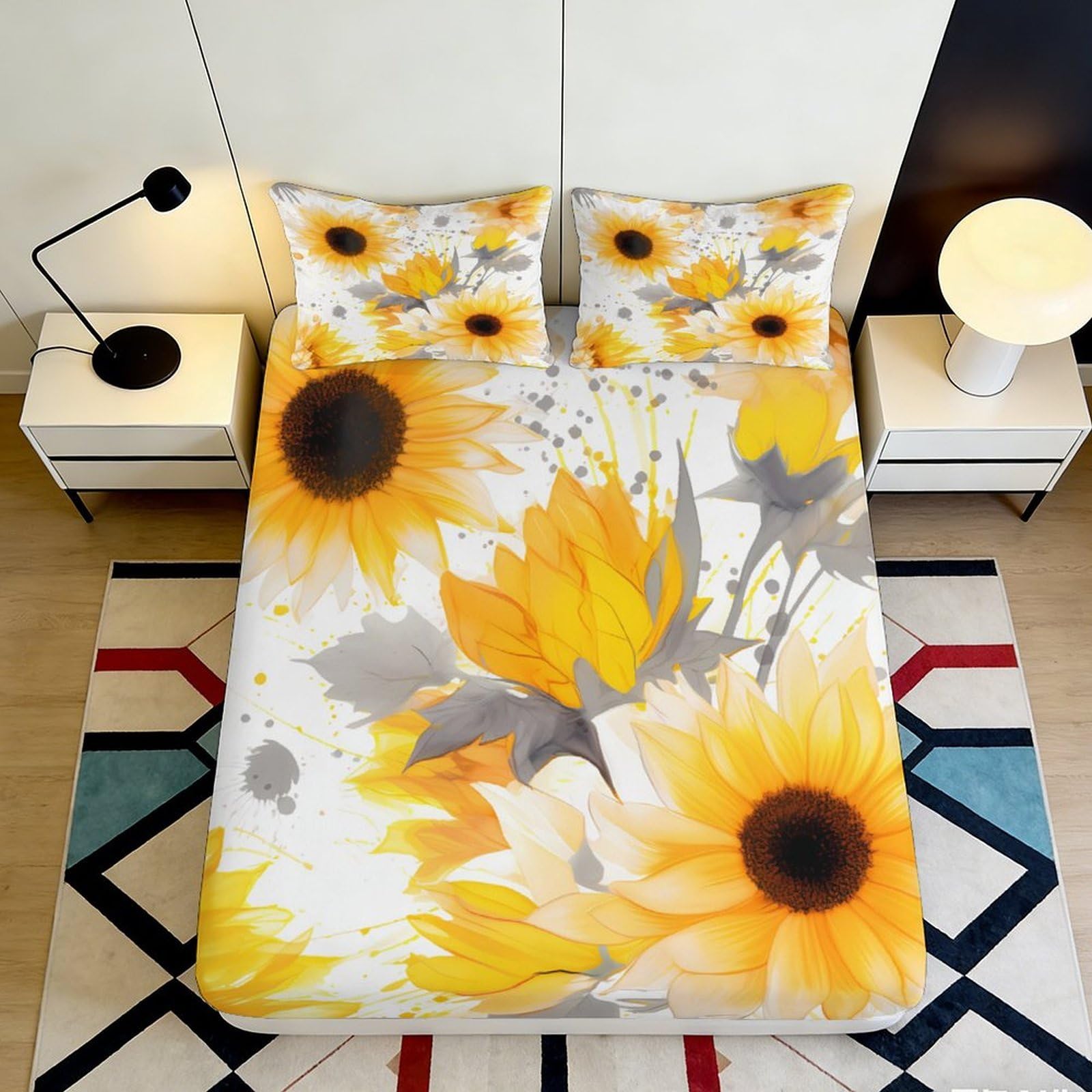 3D Printed Sunflower Fitted Sheet Microfiber Soft Breathable Floral Bed Cover for Bedroom Dormitory Guest Room Mattress Protection Decor 90x200x25cm