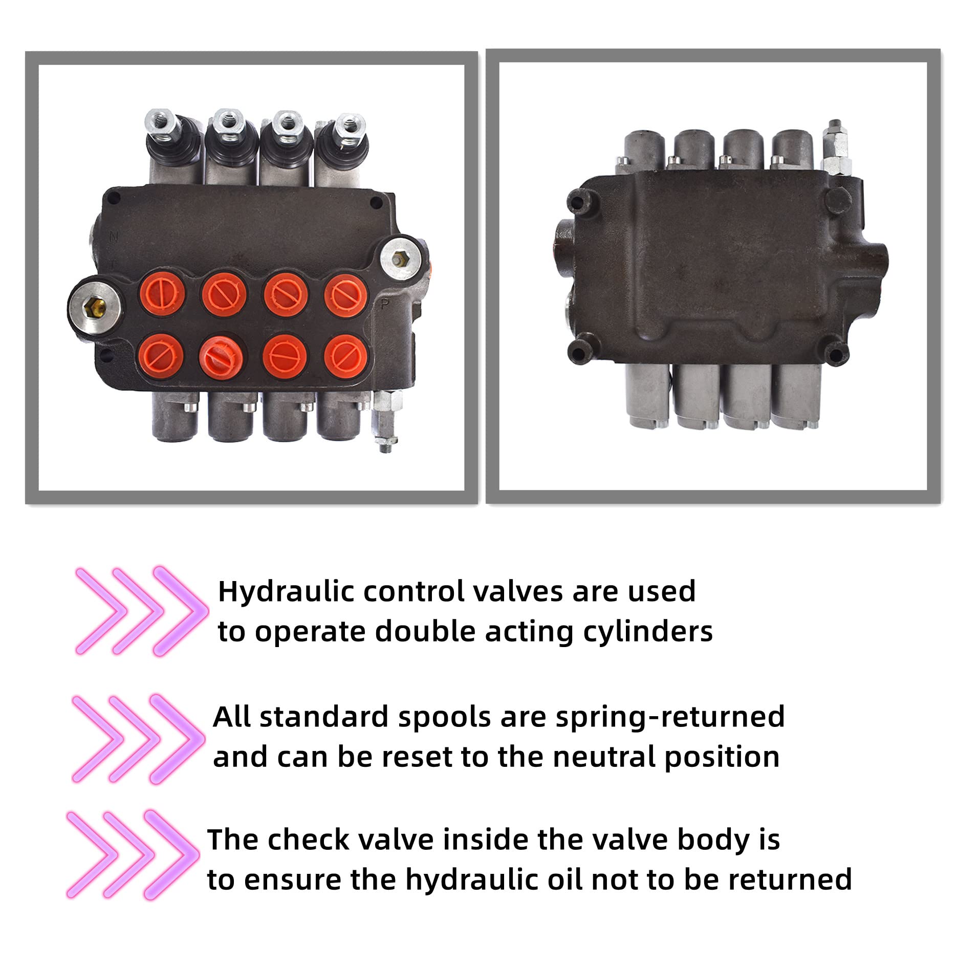 Hydraulisches Richtungs-Monoblockventil mit doppelter Wirkung, 4 Spulen, 21 gpm, SAE-Anschlüsse mit Joystick, hydraulisches Richtungssteuerventil 3600 psi, passend für kleine Traktoren, Lader usw.