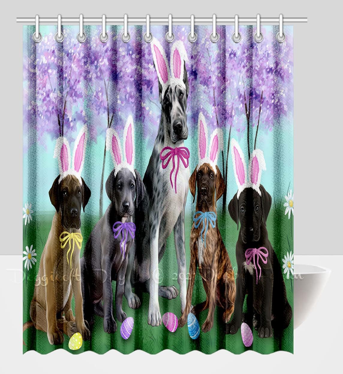 Easter Holiday Great Dane Dogs Shower Curtain - Waterproof Polyester One-Side Printing Pet Bathtub Curtain Decor Curtain for Bathroom with Hooks, (69"x84")