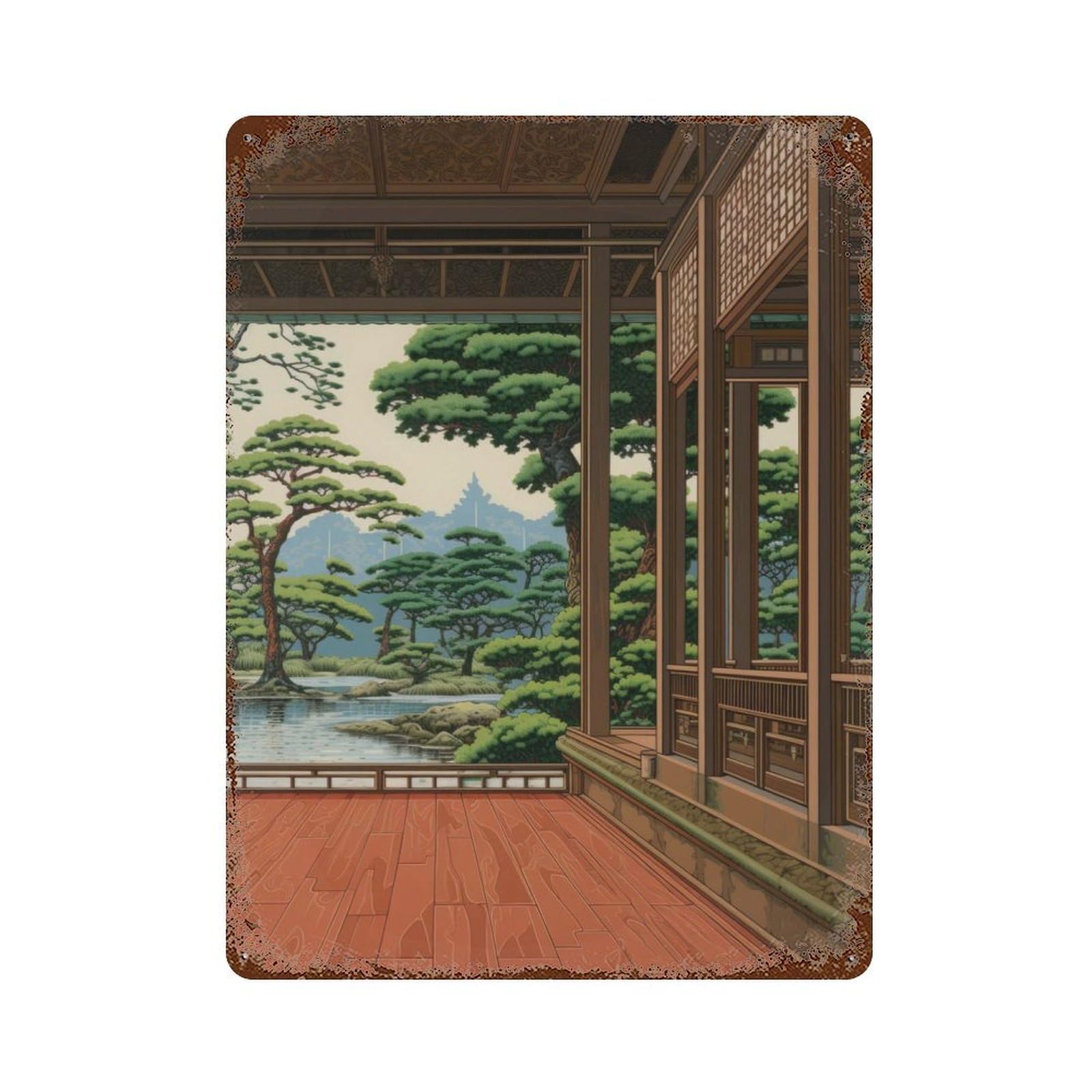 Vintage Metal Tin Sign with Japanese Calm Place Design 15.7"x11.8", for Living Room, Hallway And Home Decor, Retro Wall Decor