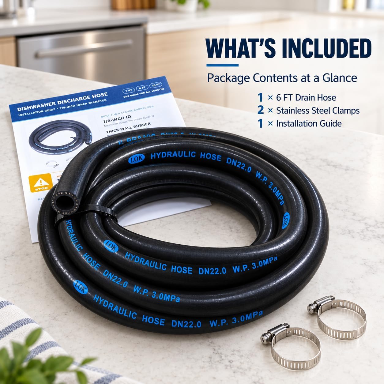 7/8 Inch Dishwasher Drain Hose, 6 FT Rubber Hose with 2 Clamps