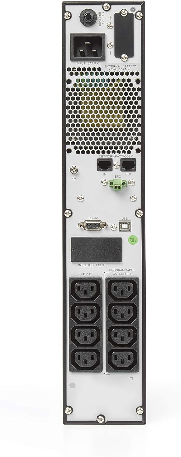 Rear panel of Salicru SPS Advance RT2 UPS showing input, output, and communication ports