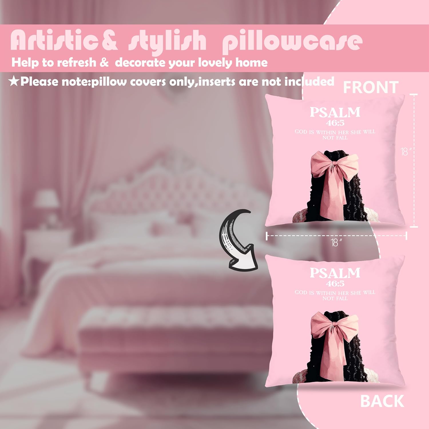 Preppy Pink Christian Black Girl Woman Pillow Covers Double-Sided 18x18, African American Gifts, Inspirational Bible Verse Decorative Pillow Cases for Black Girls Dorm Room Bedroom, Set of 4