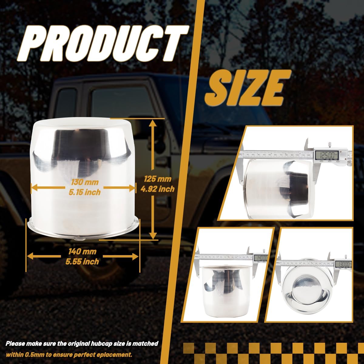 4Pcs 5.15 in Stainless Steel Wheel Center Caps Chrome Push Through Design - Fit 5.15" Center Bore for Truck, Trailer, SUV, RV Wheels Rims 4.92" Height Center Hub Caps